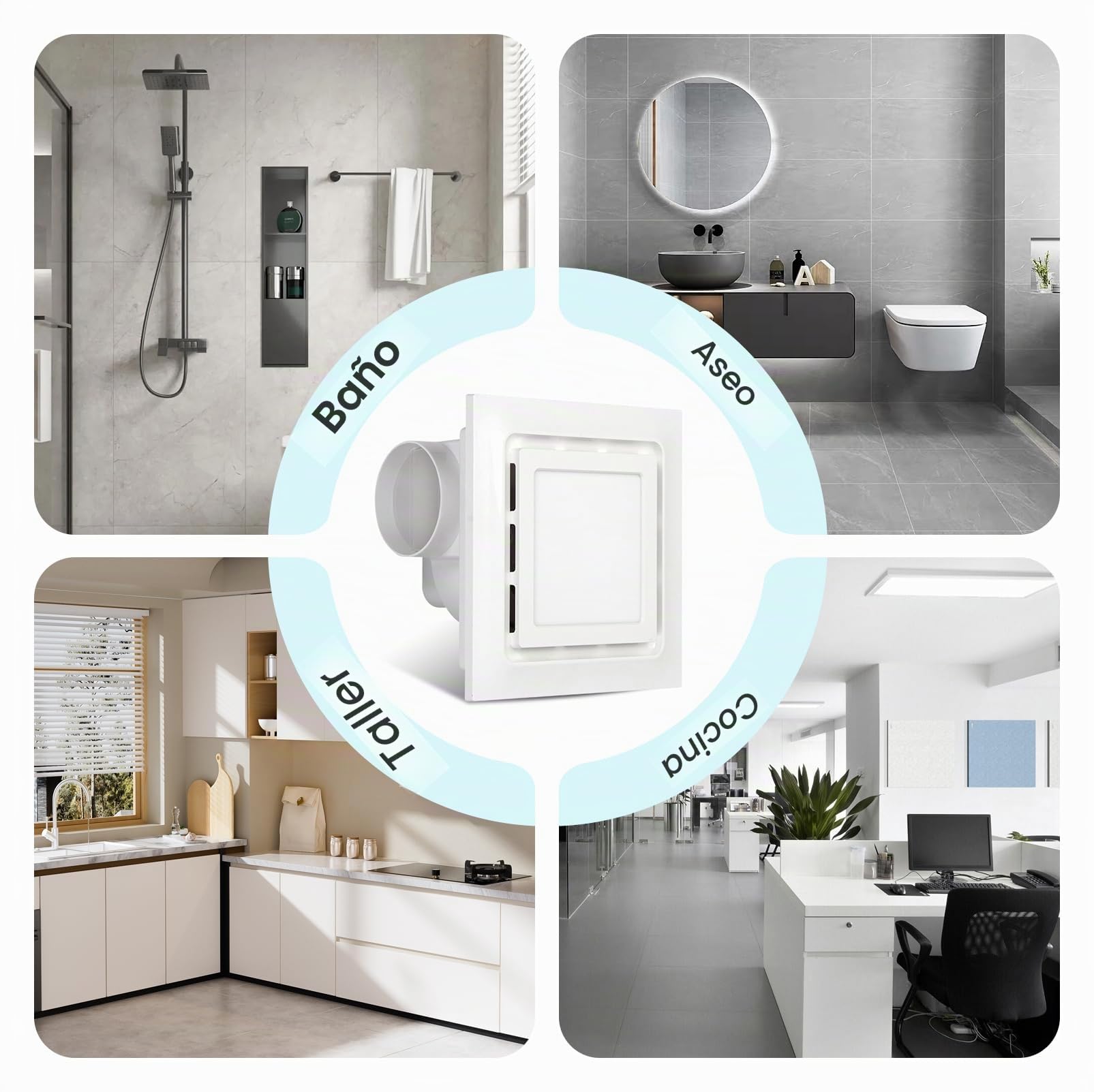 Ventilador de baño de 300 mm con luz LED, 130 CFM, 35 W | Ventilador extractor de baño silencioso, 1500 lm, luz 6000 K, fácil de instalar, ventana, techo, pared en el baño, inodoro