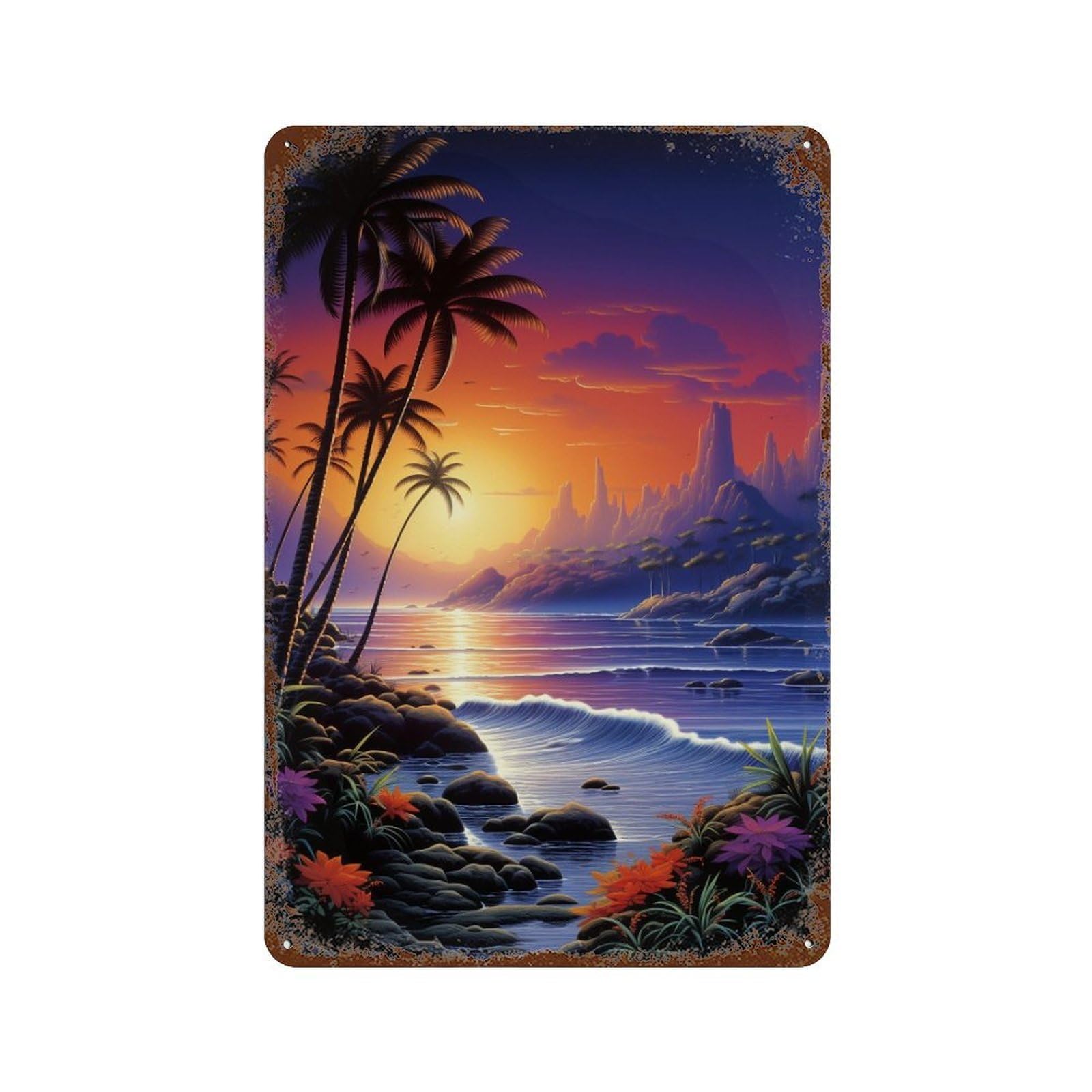 Rust Effect Tropical Sunset Beach Scene-3 Vintage Rust Metal Sign 11.8"x7.9", Classic Wall Plaque for Shed, Workshop And Garage Wall Decor