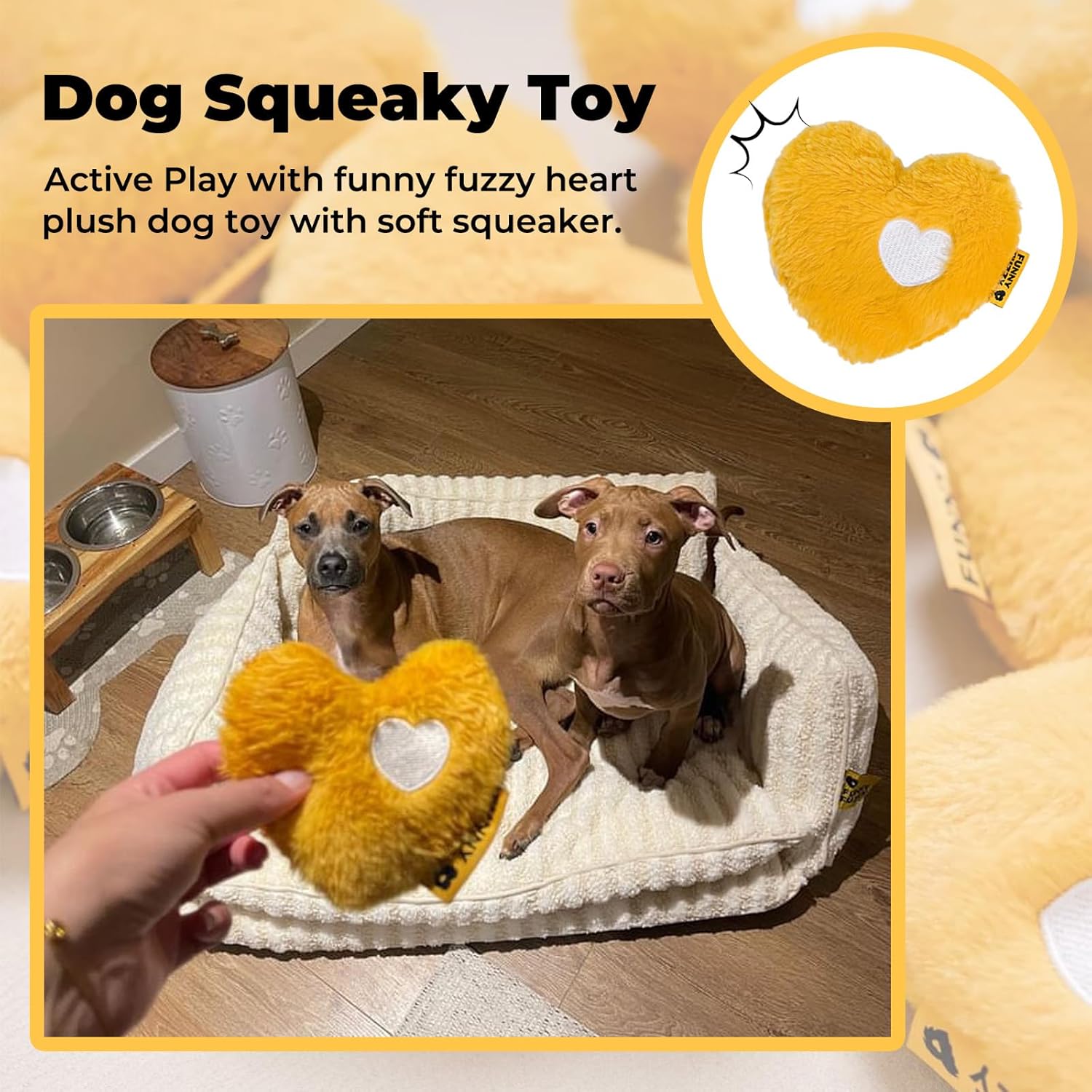 FUNNY FUZZY Dog Toy, Heart Plush Squeaky Dog Toy for Puppy Cats with Soft Squeaker, Fun for Indoor Puppies and Kitten, Pet Toy for Small Medium Large Breeds, Yellow,2 Pack