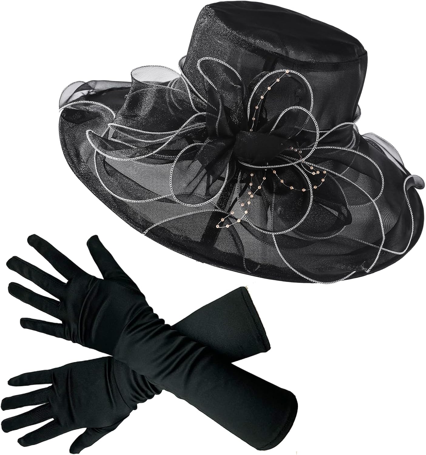 Derby Fascinator Hats for Women, Wide Brim Tea Party Organza Hats for Wedding & Cocktail Party (Black Set)