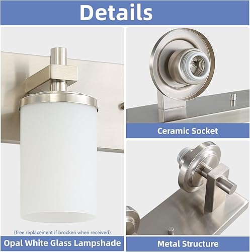 Miniatura 6 de LOUSACE Lámparas de baño sobre espejo de níquel cepillado, 4 luces de tocador de baño con pantallas de vidrio blanco ópalo, apliques de pared