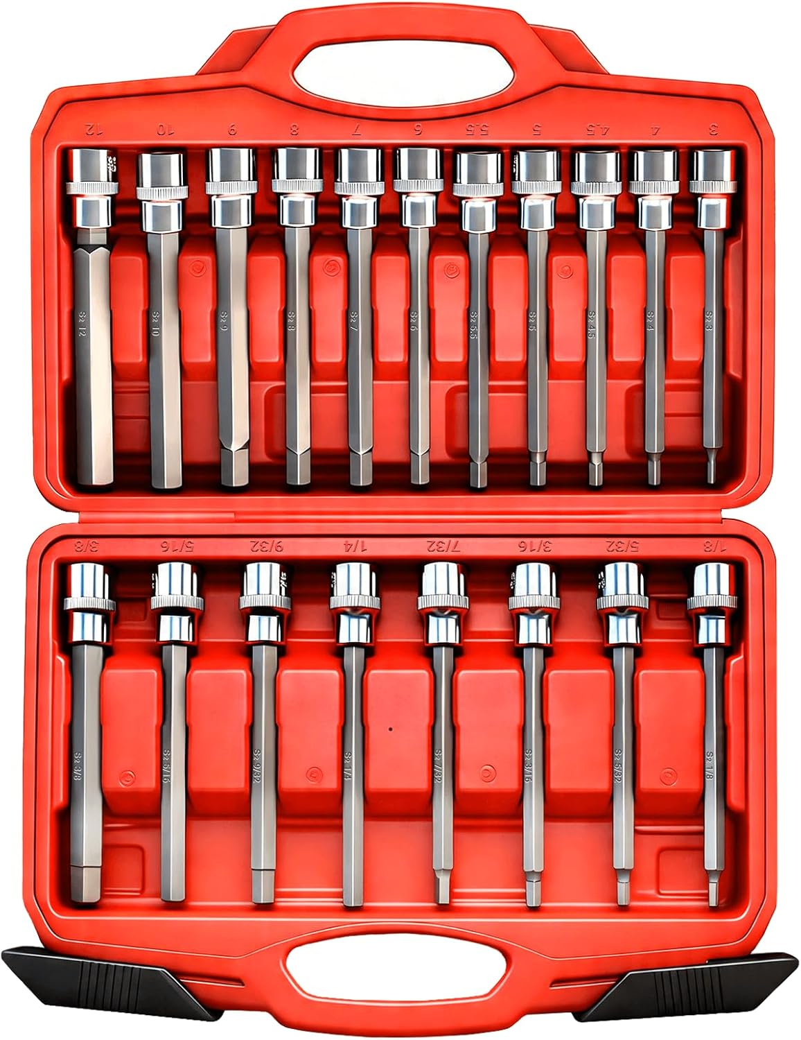 19-Piece 3/8 Inch Drive Extra Long Allen Hex Bit Socket Set, Standard SAE (1/8" - 3/8"), Metric (3mm-12mm), CR-V & S2 Alloy Steel Durable Tool Accessories Kit for Mechanics