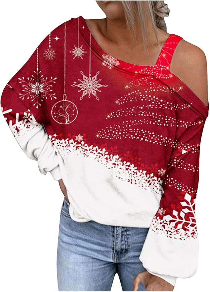 Pull De Noël Sexy Pour Femme - Épaules Dénudées - Imprimé 3D - Automne - Hiver - Manches Longues - Chemisier Avec Motif De Noël - Mode Tunique - Hauts De Fête, 1 - Noir., S