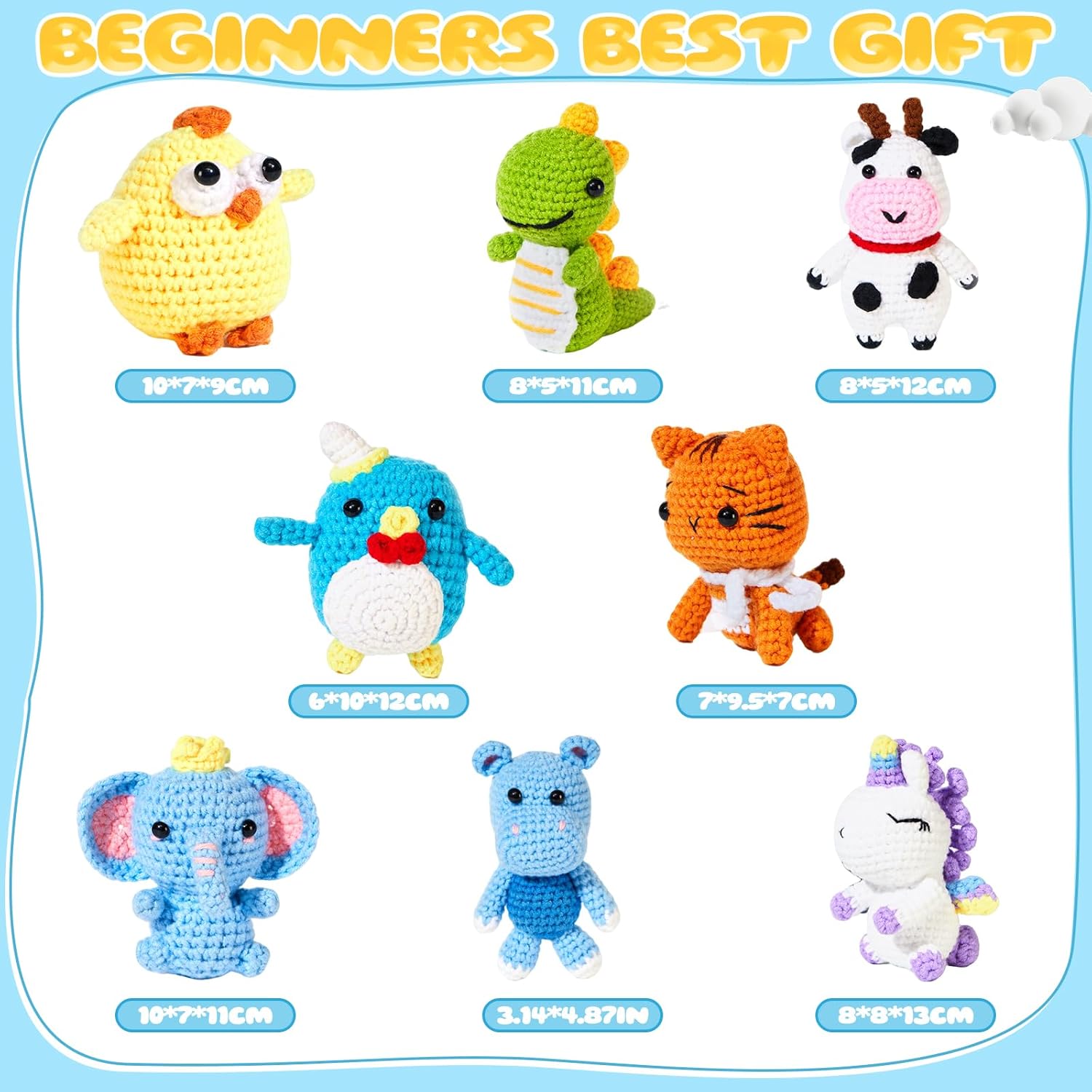 Elitevia 8Pcs Crochet Kit for Beginners, 2026 DIY Craft for Adults and Kids, Great Birthday Gift for Crochet Lovers, Crocheting Animal Kits with Step by Step Videos,Yarn,Crochet Hook