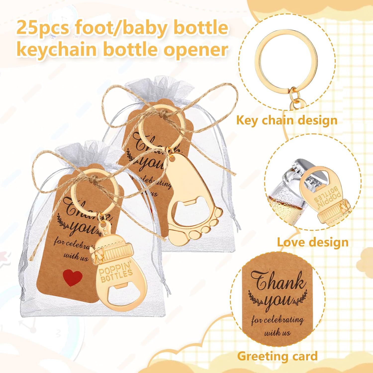 50 Pcs Baby Footprint Keycahin Bottle Opener Baby Bottle Opener Poppin Bottles Baby Shower Souvenirs With Cards Baby Carriage Shaped For Girl Baby Party Favors For Guest (50)