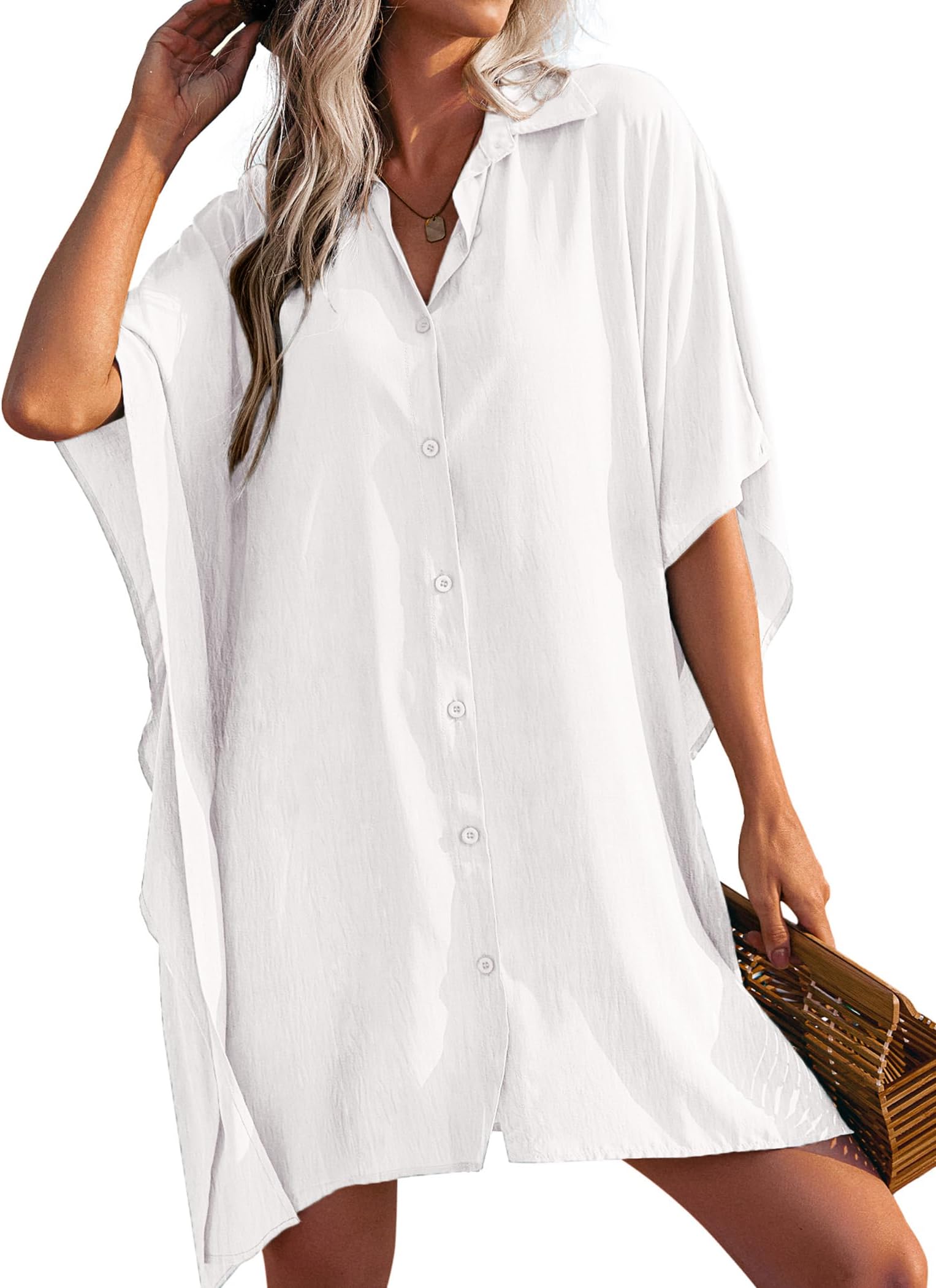 Women's Swimsuit Cover Up 3/4 Sleeve Beachwear Bikini Coverups Button Down Oversized Cover Up Shirt S-3XL