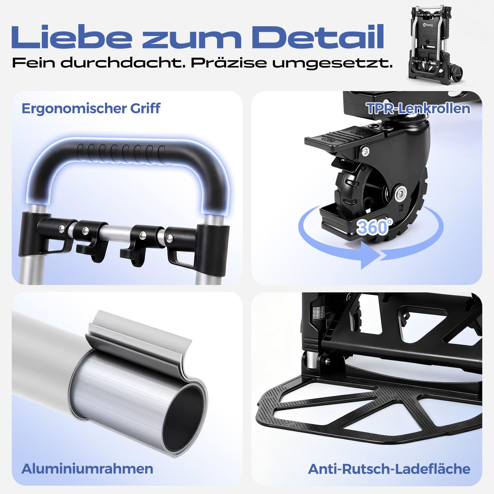 Sekey Sackkarre Klappbar & Klappbarer Transportwagen 2-in-1, Aluminium Plattformwagen belastbar bis 150 kg, Transportkarre mit TPR-Doppellagerräder, Bremse & Ergonomischem Griff, Schwarz
