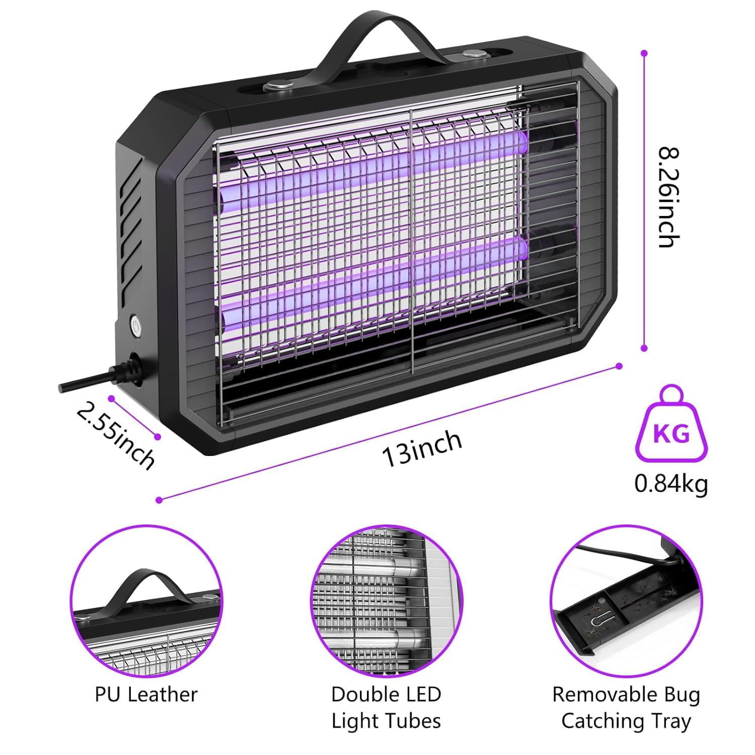 Loowoko Lampara Antimosquitos Interior 4200V, Mata Mosquitos Electrico UV Doble LED eficiente,Cable de 1,3 m,Rejilla de Seguridad,Sin químicos, para Interiores & Zonas Exteriores Cubiertas