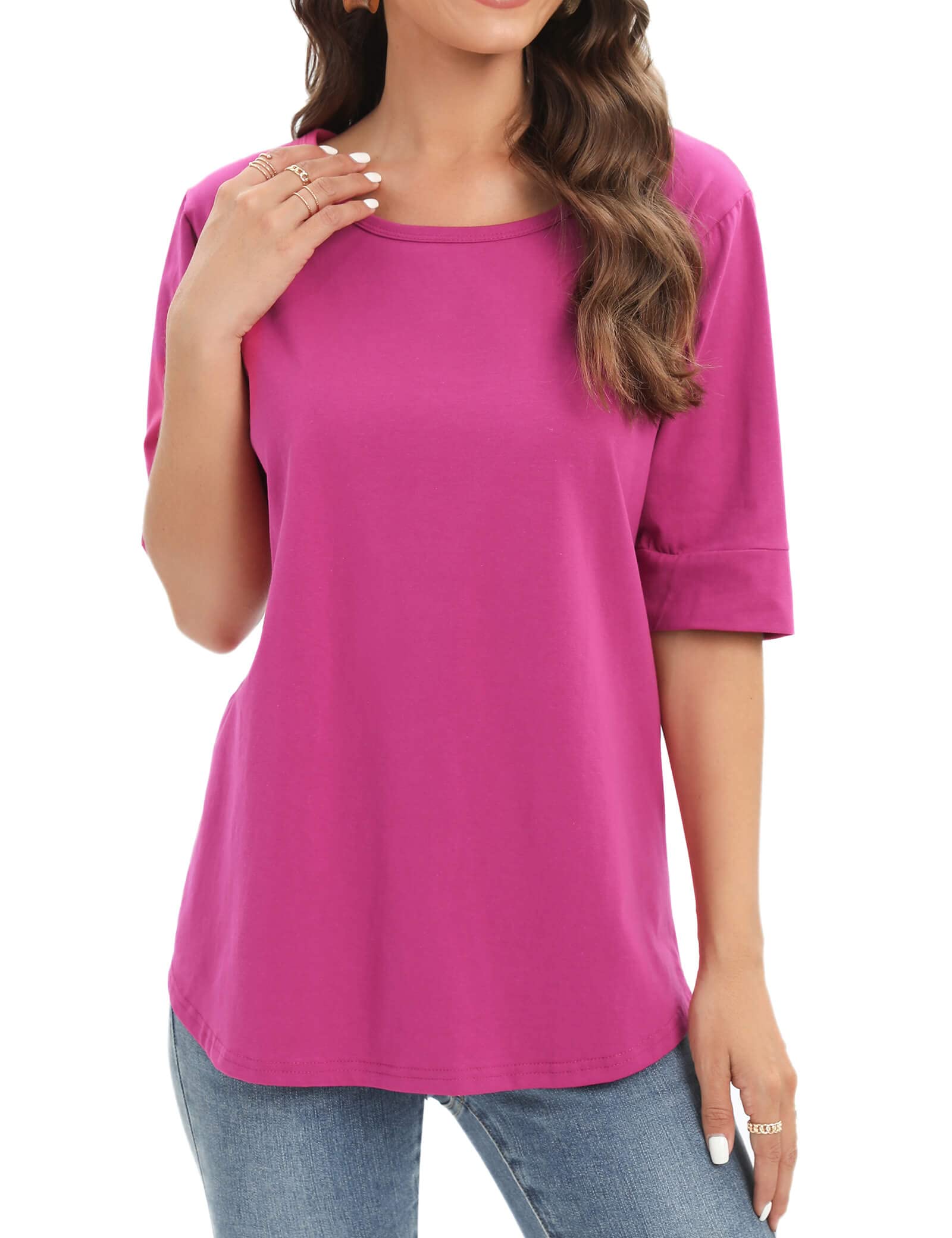 Summer Tops for Women Fashion Loose Fitting Mid Sleeve Crewneck Cotton T Shirts