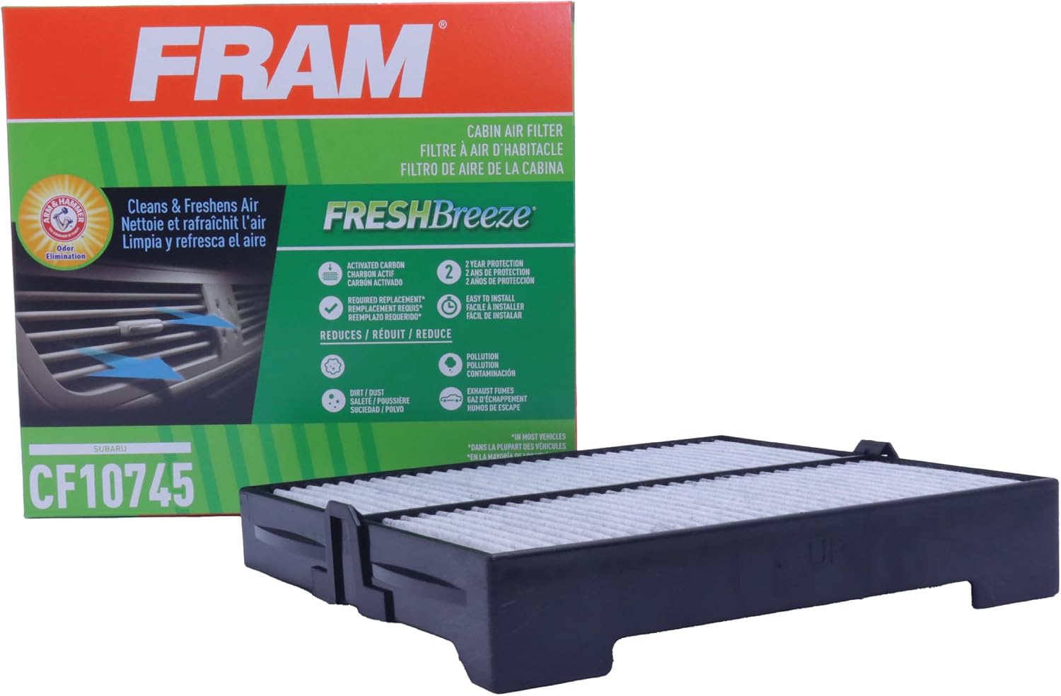 FRAM Fresh Breeze Cabin Air Filter Replacement for Car Passenger Compartment w/ Arm and Hammer Baking Soda, Easy Install, CF10745 for Subaru Vehicles