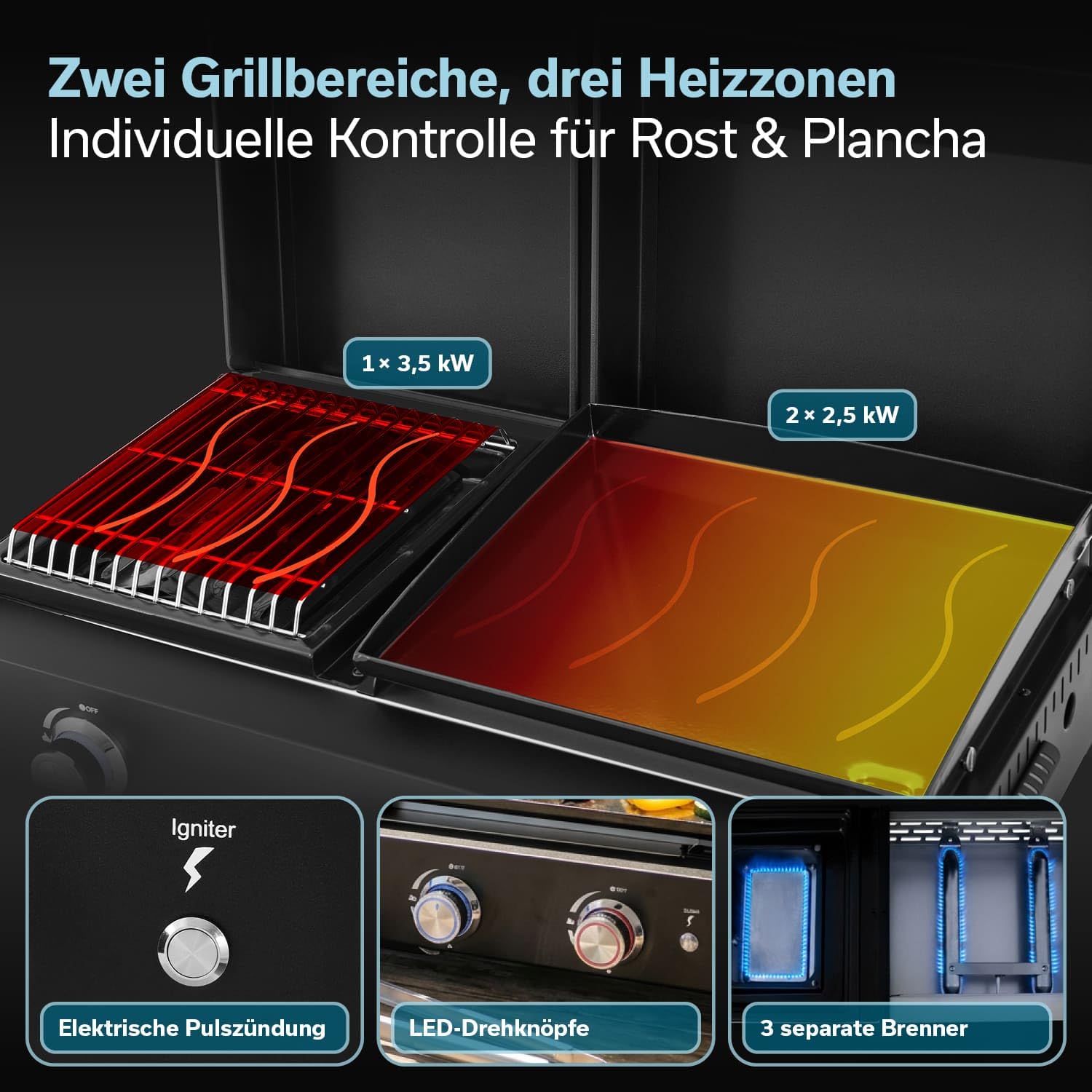 Skandika Plancha Grill Eldur 3-Brenner Plus | Grillplatte mit Deckel, 3 Brenner, tragbarer Gasgrill mit Kochplatte, Outdoor, Camping | Gasplancha, Grillplancha, Gasbräter, Balkongrill, Tischgrill