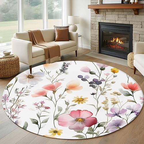 Miniatura 1 de 8ft Round Rug, Flower Spring Non-Skid Rubber Backing Large Area Rugs - Living Room Bedroom Home Office, Watercolor Retro Country Farm Leaf Plant