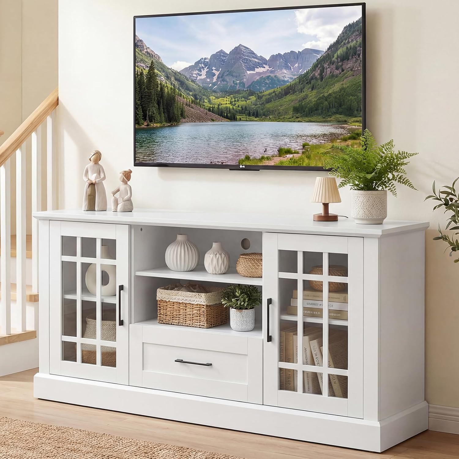 KOTEK Farmhouse TV Stand for TVs up to 70 Inch, Tall TV Console Table w/2 Glass Doors, Removable Shelves, Drawer, Entertainment Center with Storage Cabinets for Living Room, Bedroom (White)