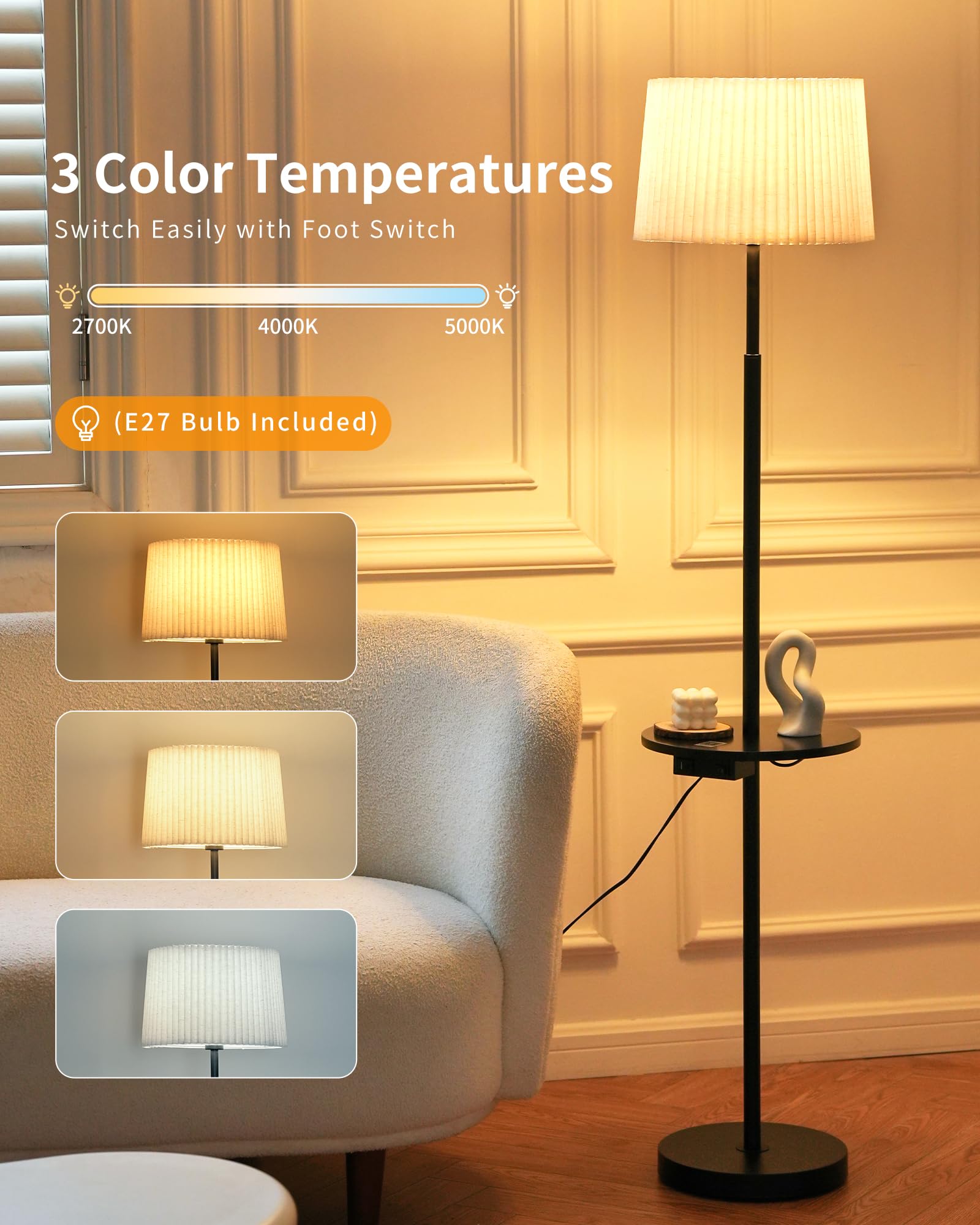 Stehlampe mit Holzablage & USB, Stoffschirm in Naturton, dimmbar mit 3 Lichtfarben (2700–5000K), blendfreies warmes Licht, moderne Stehleuchte für Wohnzimmer & Schlafzimmer, Schwarz