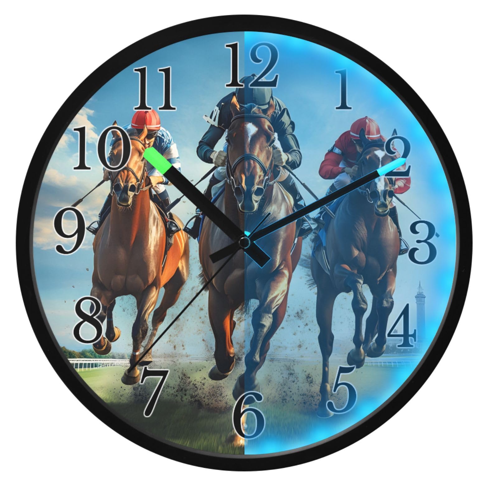 Horloge murale silencieuse à piles phosphorescente design chevaux pour chambre à coucher