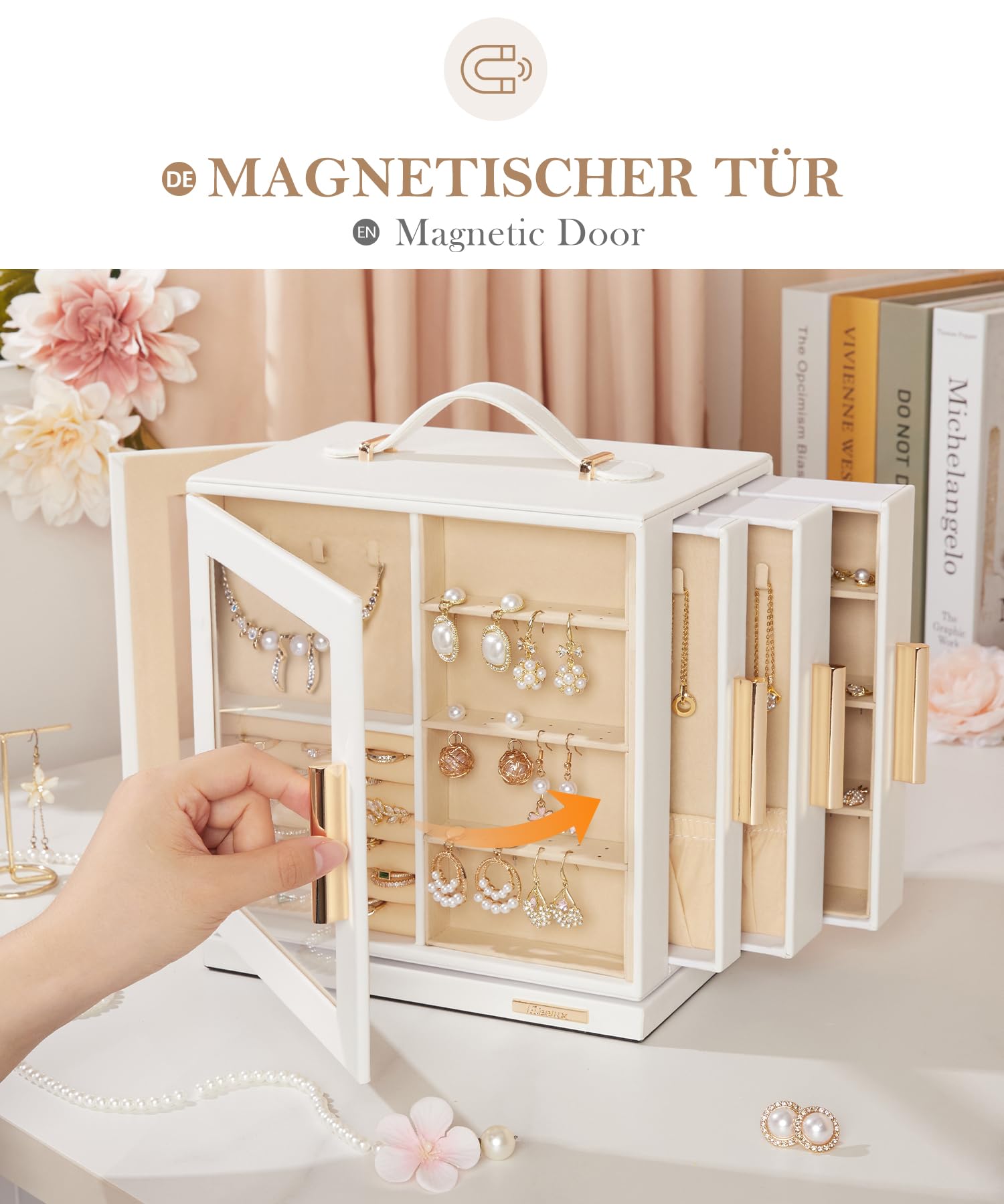 Joyero Giratorio 360° Mujer: Organizador de 7 Cajones con Ventana | Acceso 4 Lados para Joyas Diarias - Amantes de Joyas Hallan Favoritos Rápido - Exhibe Pendientes Anillos Collares