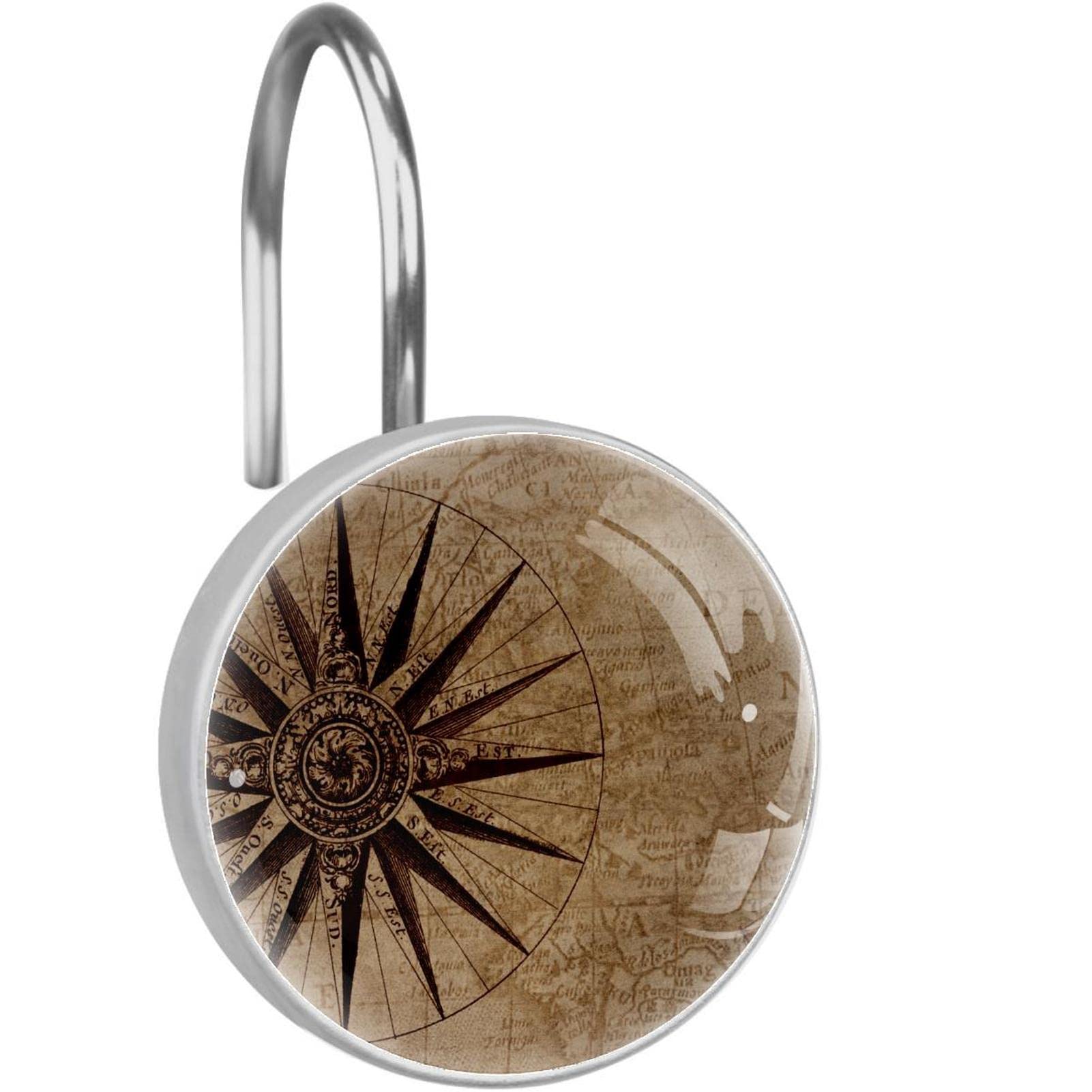 Anneaux de suspension vintage pour rideau de douche décor boussole ancienne