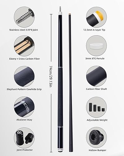 Miniatura 2 de KONLLEN Taco de billar de fibra de carbono con eje cónico profesional, desviación súper baja, taco de billar ébano con incrustaciones hechas a mano