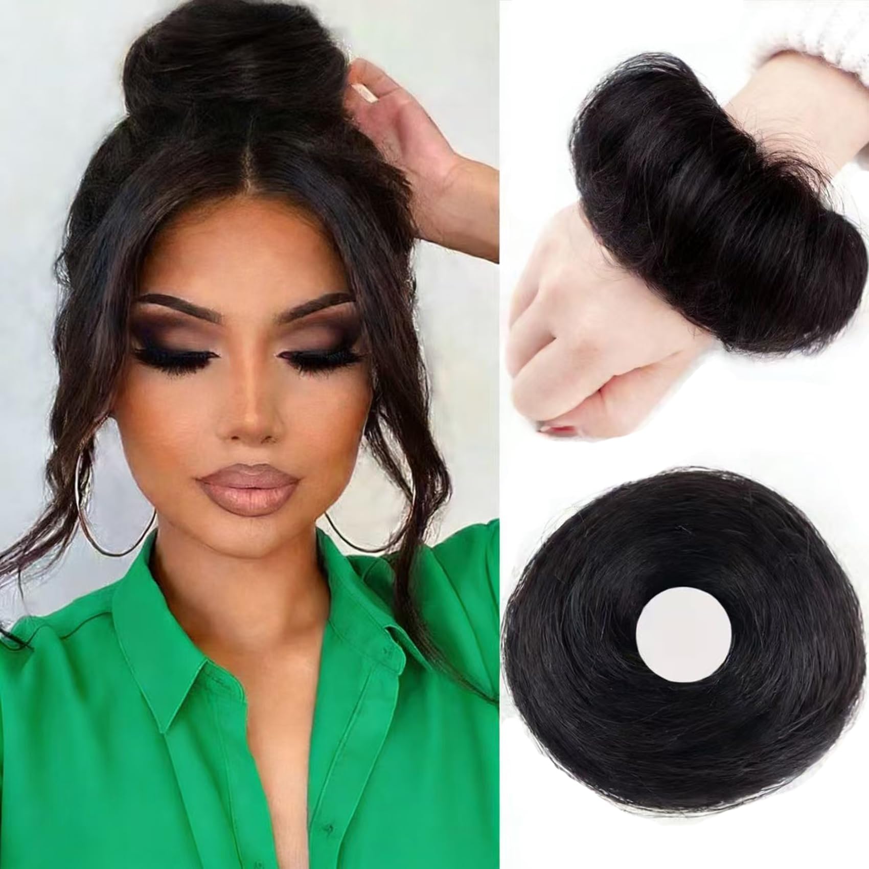 2 Pcs Human Hair Messy Bun 100% Real Human Hair Scrunchies Black Color Straight Chignon Fluffy Donut Updo Hairpiece with Elastic Rubber Band for Women Humanhair Ponytail Black