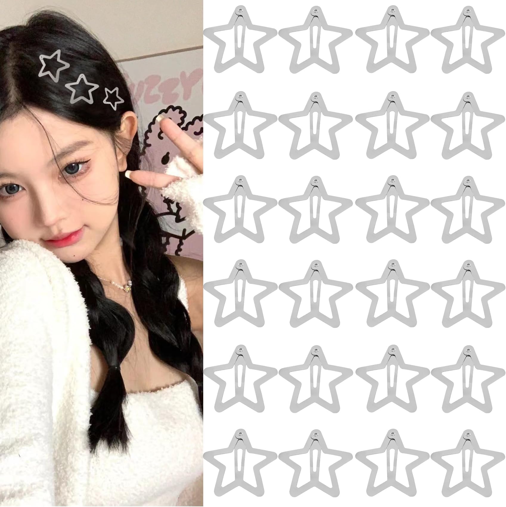 24 PCS 1.69"Large Star Hair Clips, 2000s Y2K Colorful Cute Metal Non Slip Big Hairpins Snap Hair Clips for Women Girls, Lovely kawaii Hair Barrettes Hair Accessories(Silvery)