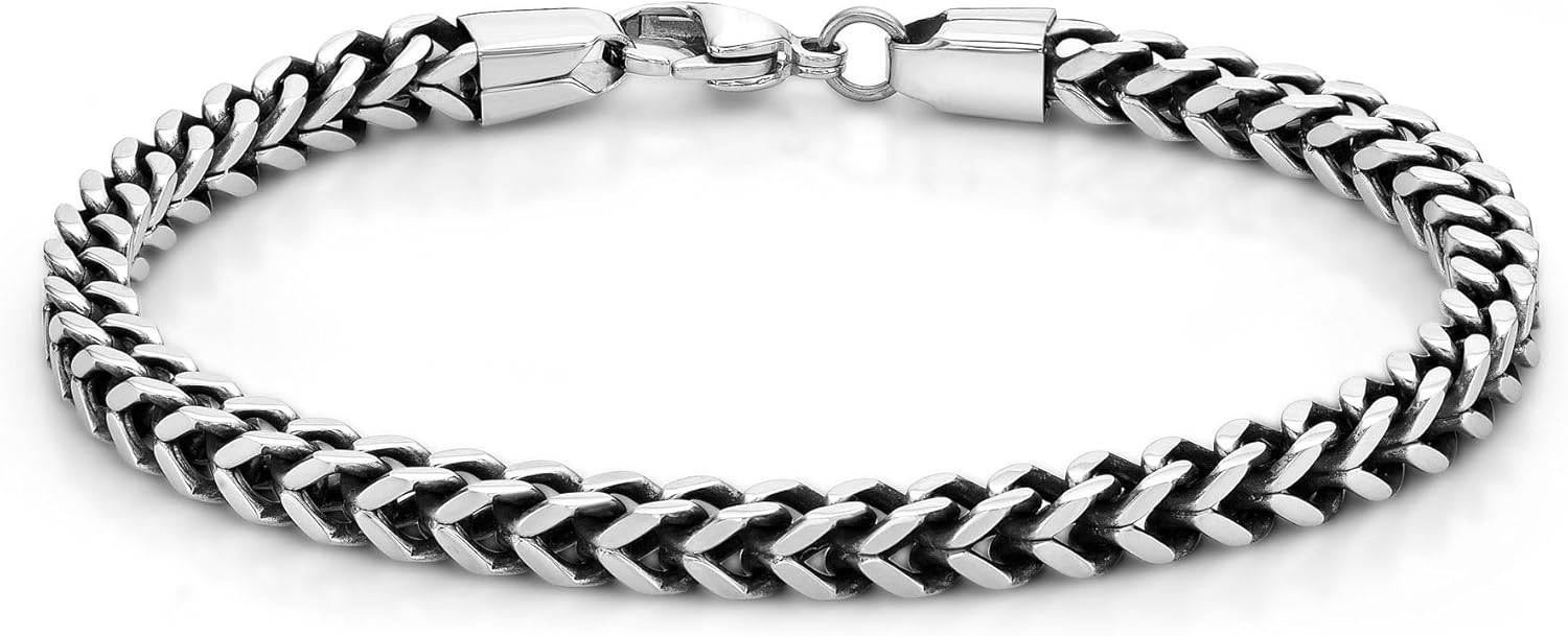 Metro Jewelry Stainless Steel Thin Foxtail Bracelet for Men with Antique Ion Plating- 9 Inches Long 5 mm Wide Lobster Claw