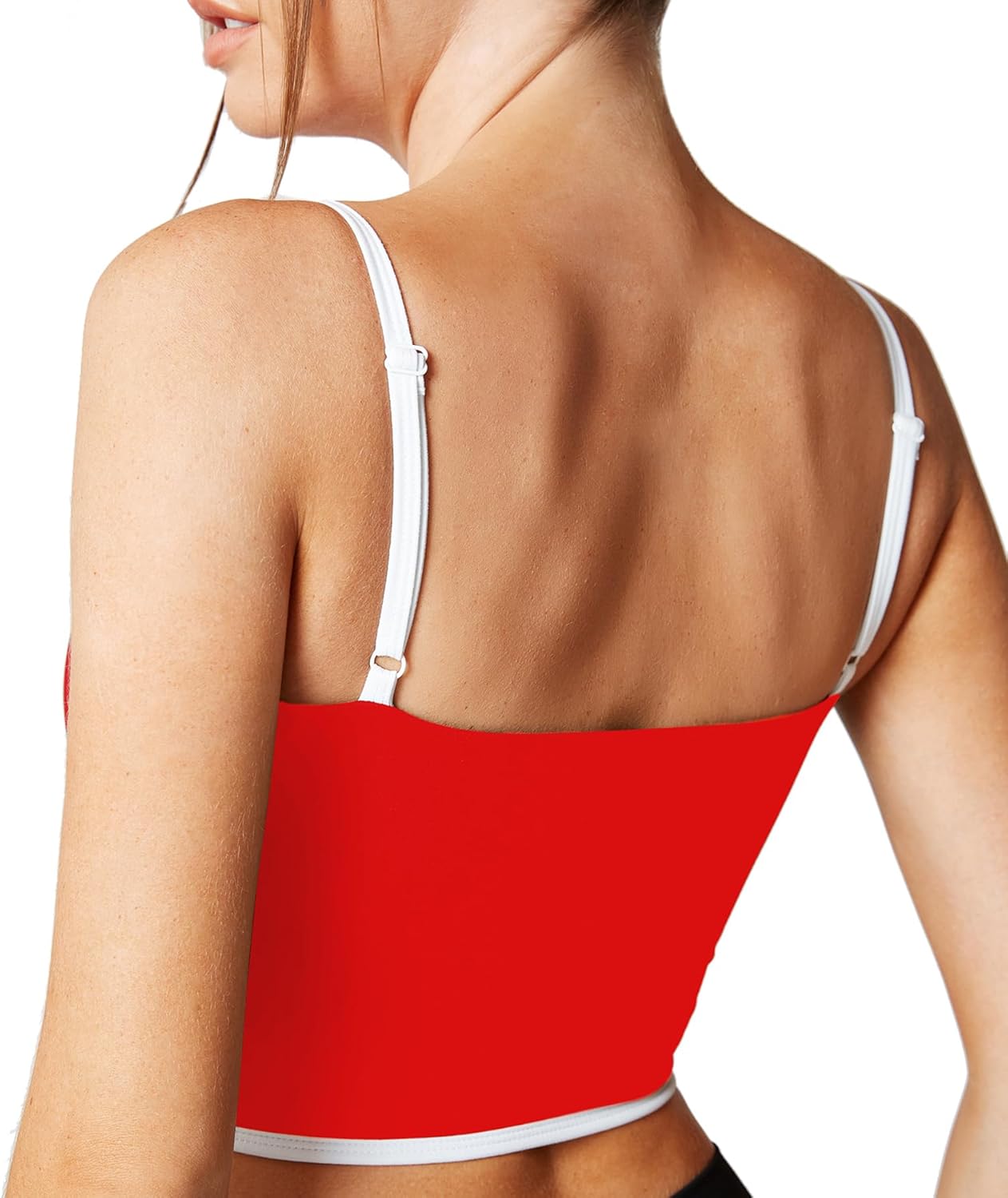 Move With You Sleeveless Spaghetti Strap Padded Sports Bra Tank Tops Square Neck Double Layer Workout Fitness Basic Crop Tops