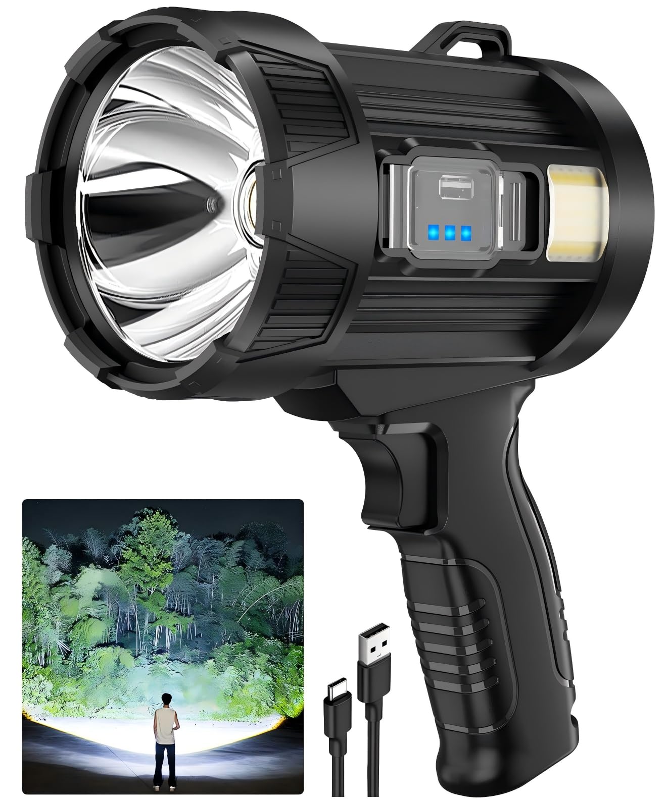 ALSTU Spotlight Rechargeable, 99,000 Lumens Super Bright Handheld Flashlight, Outdoor Led Spot Light with Cob Light and Solar Panels for Boating Camping Home-image-45