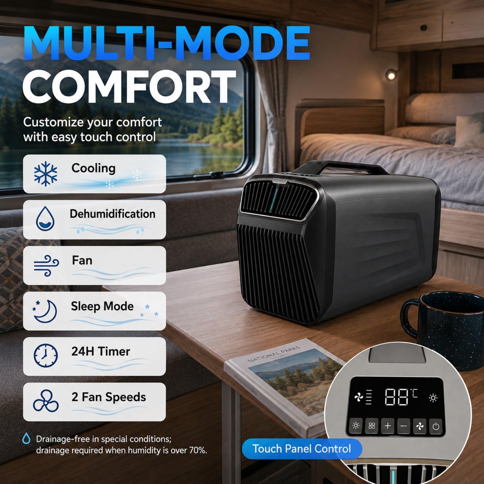 Przenośny klimatyzator 5200 BTU, osuszanie, 2 prędkości, 400 W | Zakres 16-30°C, zintegrowany uchwyt, podwójna rura do kampera, kampera, małych przestrzeni