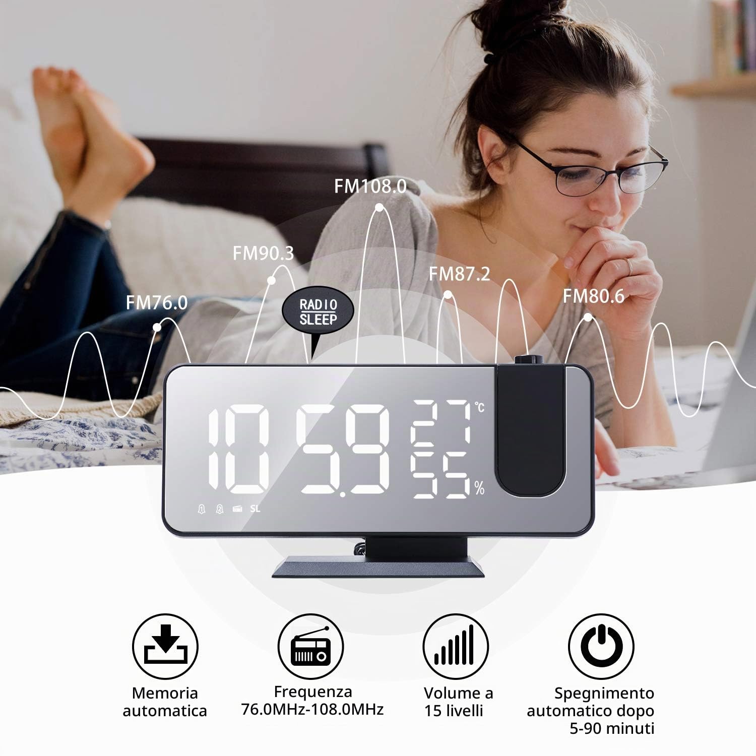 ThreeH Sveglia a Proiezione per Camera da Letto Ampio Display a Specchio LED 7,4'' con Ricarica USB Ruotabile 180° Nero-Bianco