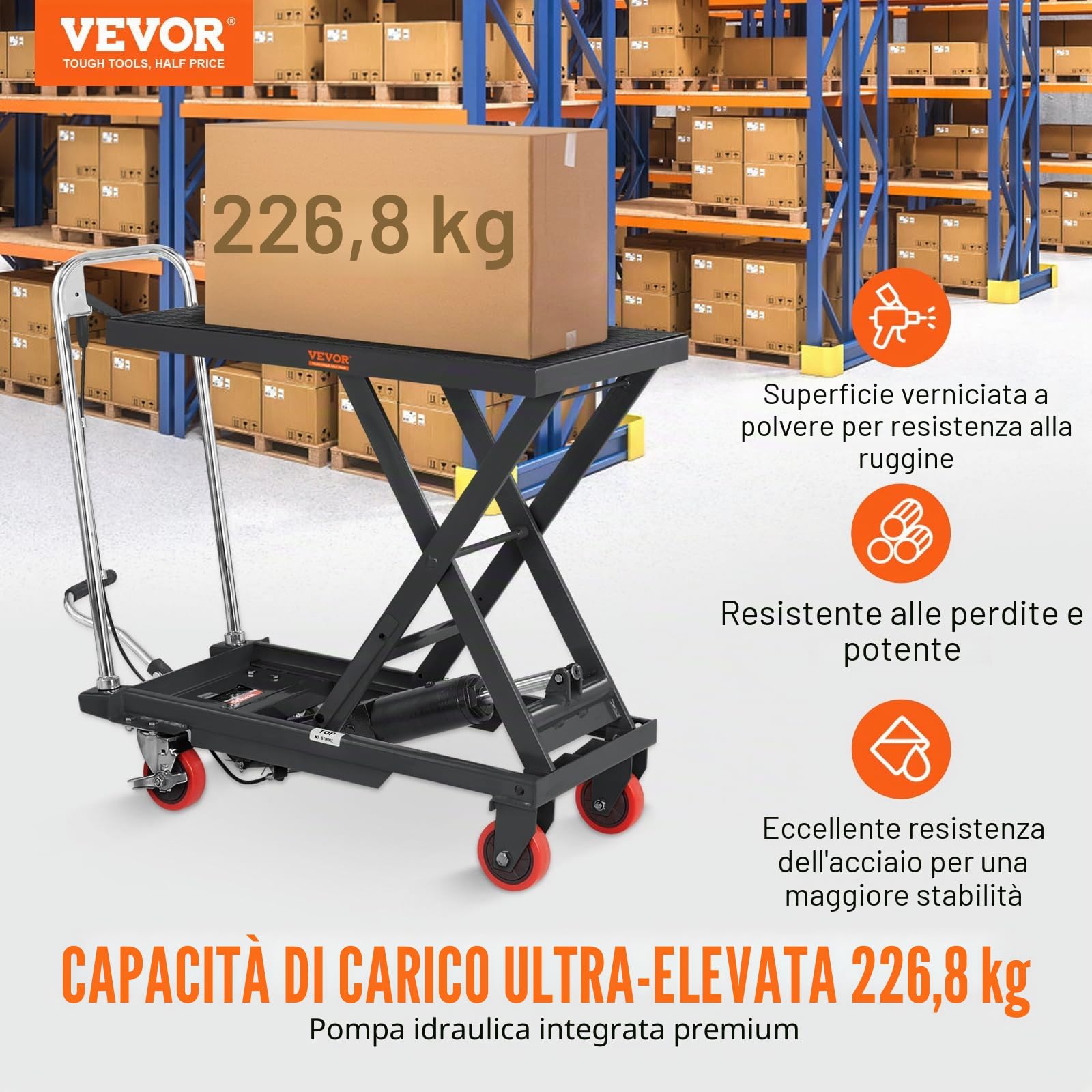 VEVOR Carrello Elevatore Idraulico, Capacità 230kg, Altezza di Sollevamento 220-720 mm, Piattaforma Elevatore Manuale a Forbice Singola con Cuscinetto Antiscivolo, Carrello Idraulico a Forbice Nero