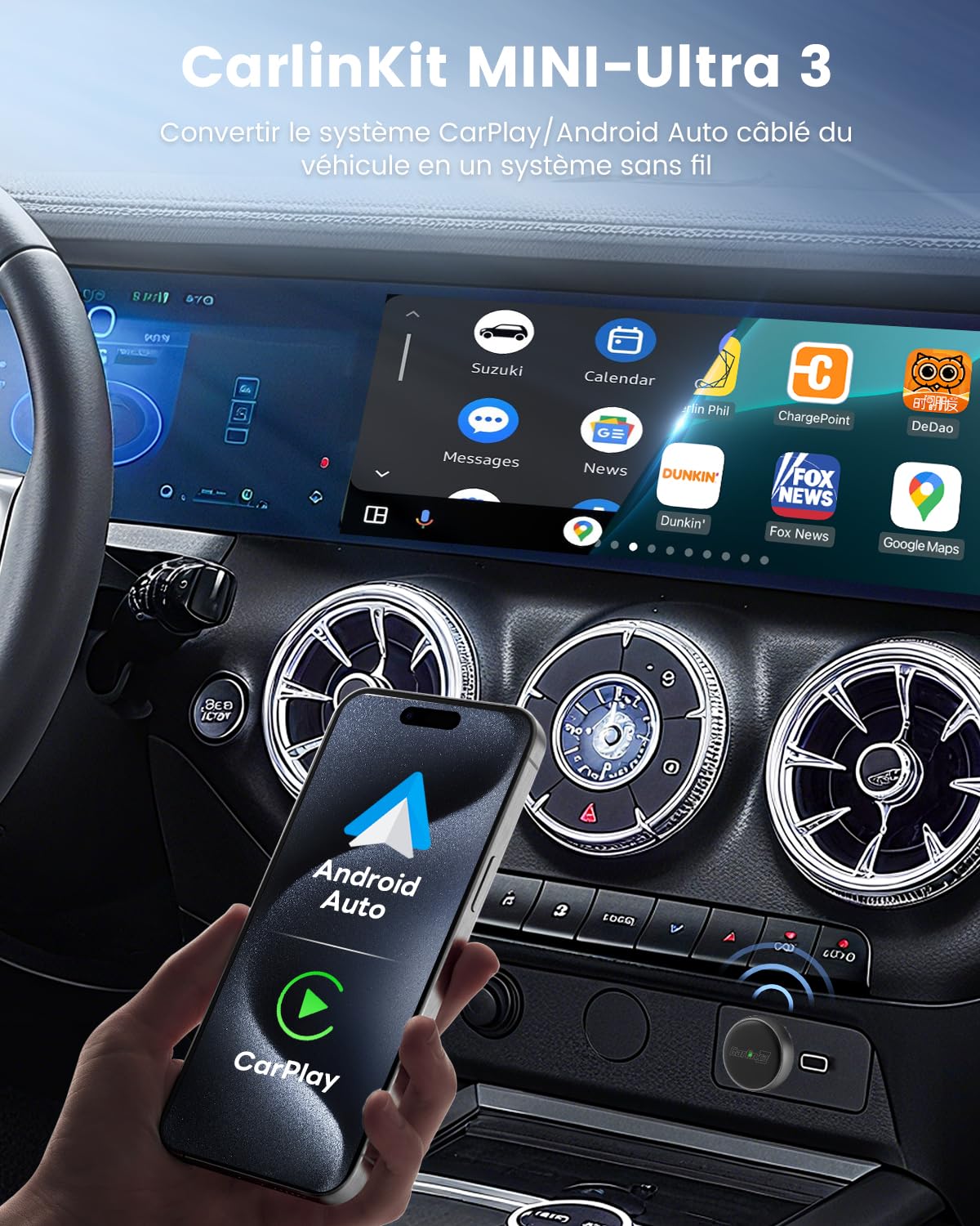 CarlinKit Mini adaptateur sans fil Ultra 3 – Convertit CarPlay/Android Auto filaire en sans fil, Plug-and-Play, USB/Type-C, mise à niveau OTA