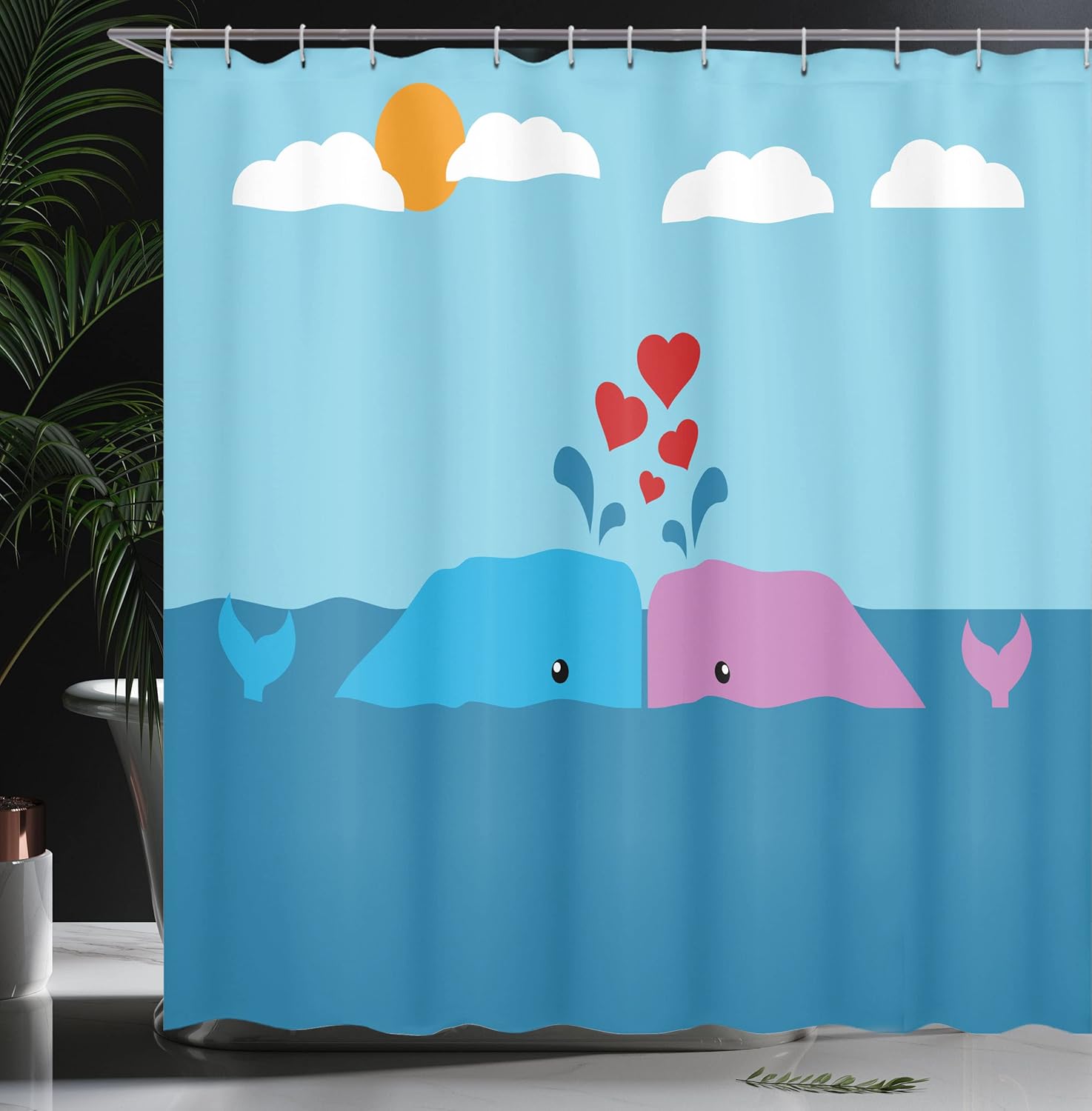 Ambesonne Whale Shower Curtain, Art of Romantic Lover Mammals in Ocean Sun and Clouds Animal Fun Love Print, Cloth Fabric Bathroom Decor Set with Hooks, 69" W x 70" L, Blue and Pink