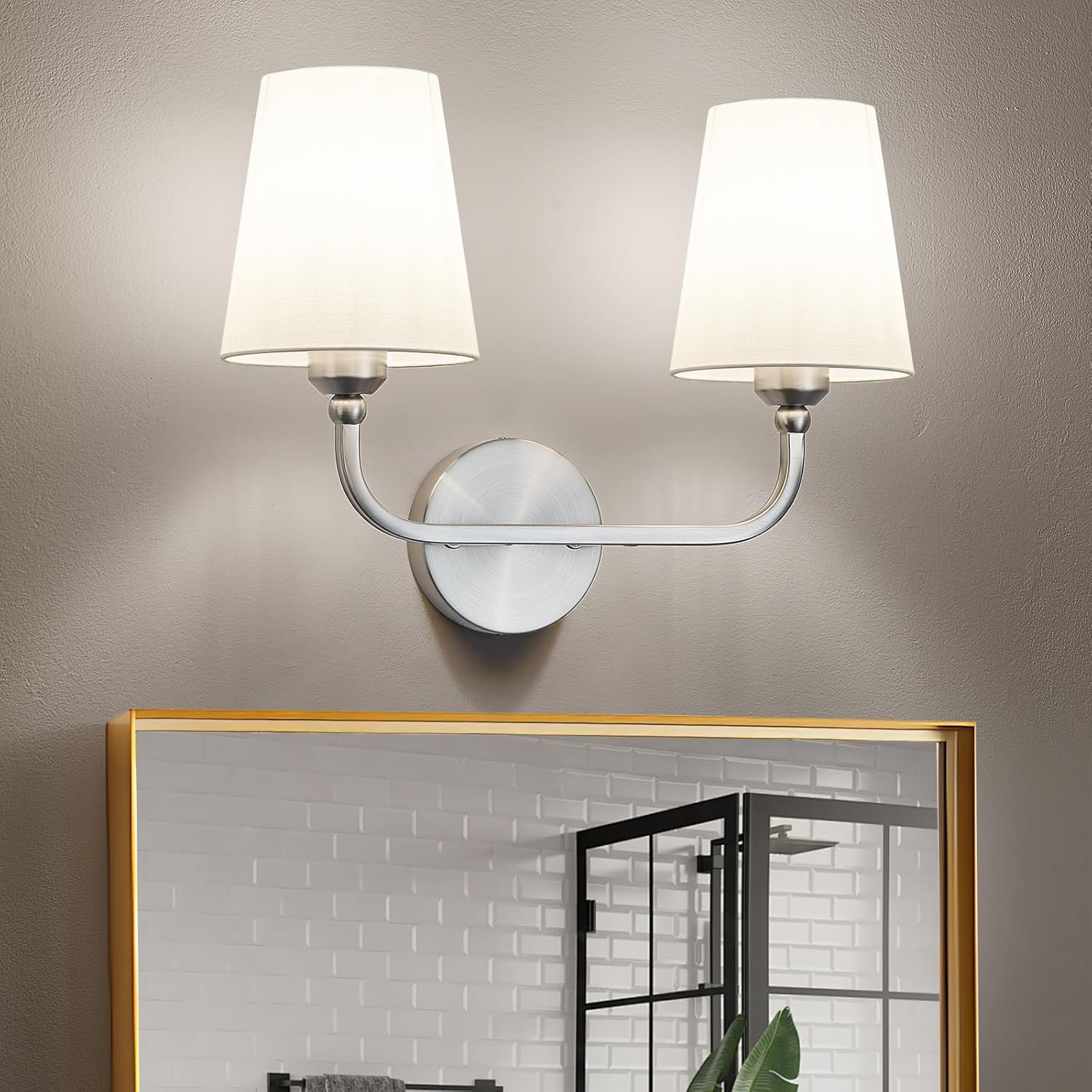 Bathroom Vanity Light, Brushed Nickel Bathroom Light Fixtures, 2-Light Lighting Fixtures Over Miror, Modern Wall Sconce with Flared White Fabric Shade, E26 Socket(ETL Listed)