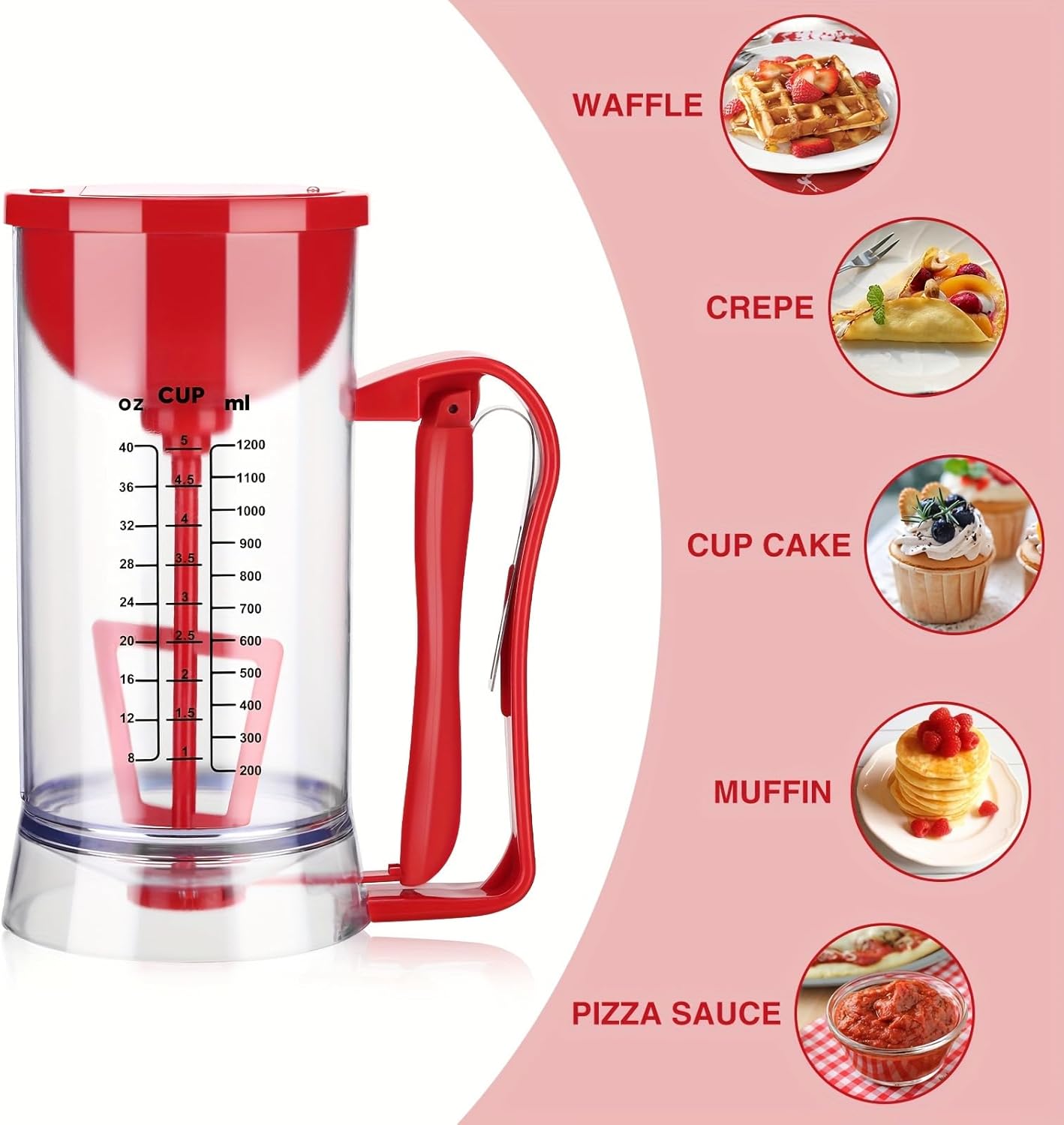 Jerliflyer Pancake Dispenser, Pancake Mixer And Dispenser Battery Batter Separator with Measurement Labels for Cupcakes,Waffles,Muffins(Red)