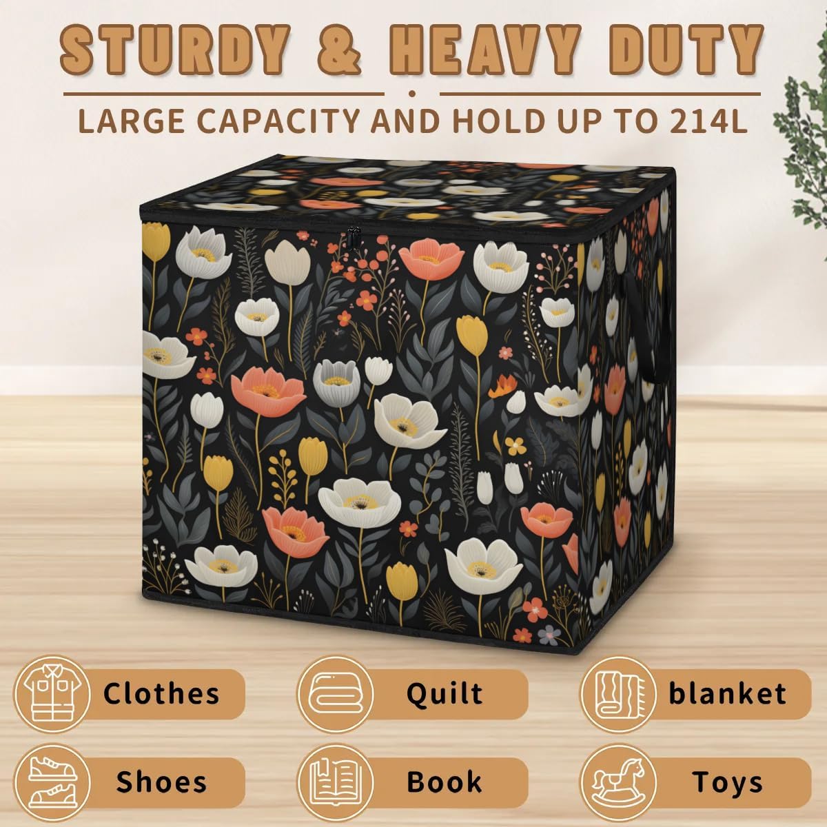 Honeybaby 214L Extra Large Comforter Storage Bag Flower Small Patterned Storage Totes with Lids Waterproof Closet Organizer Folding Blanket Storage Bags for Clothes Bedding Pillows