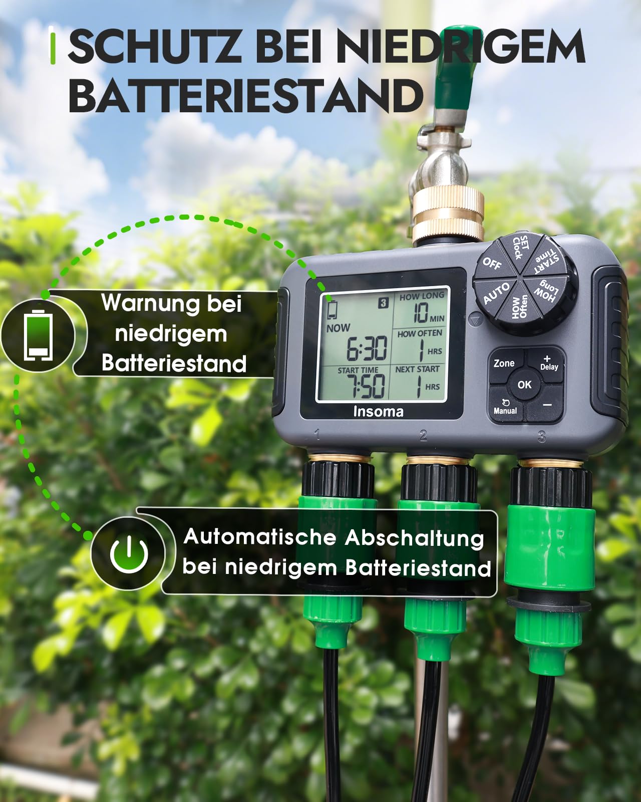 Insoma Orologio di irrigazione a 3 zone, ingresso e uscita in ottone + IPX5 impermeabile, irrigazione automatica/manuale, ritardo della pioggia e grande display, timer per rubinetto da giardino, prato