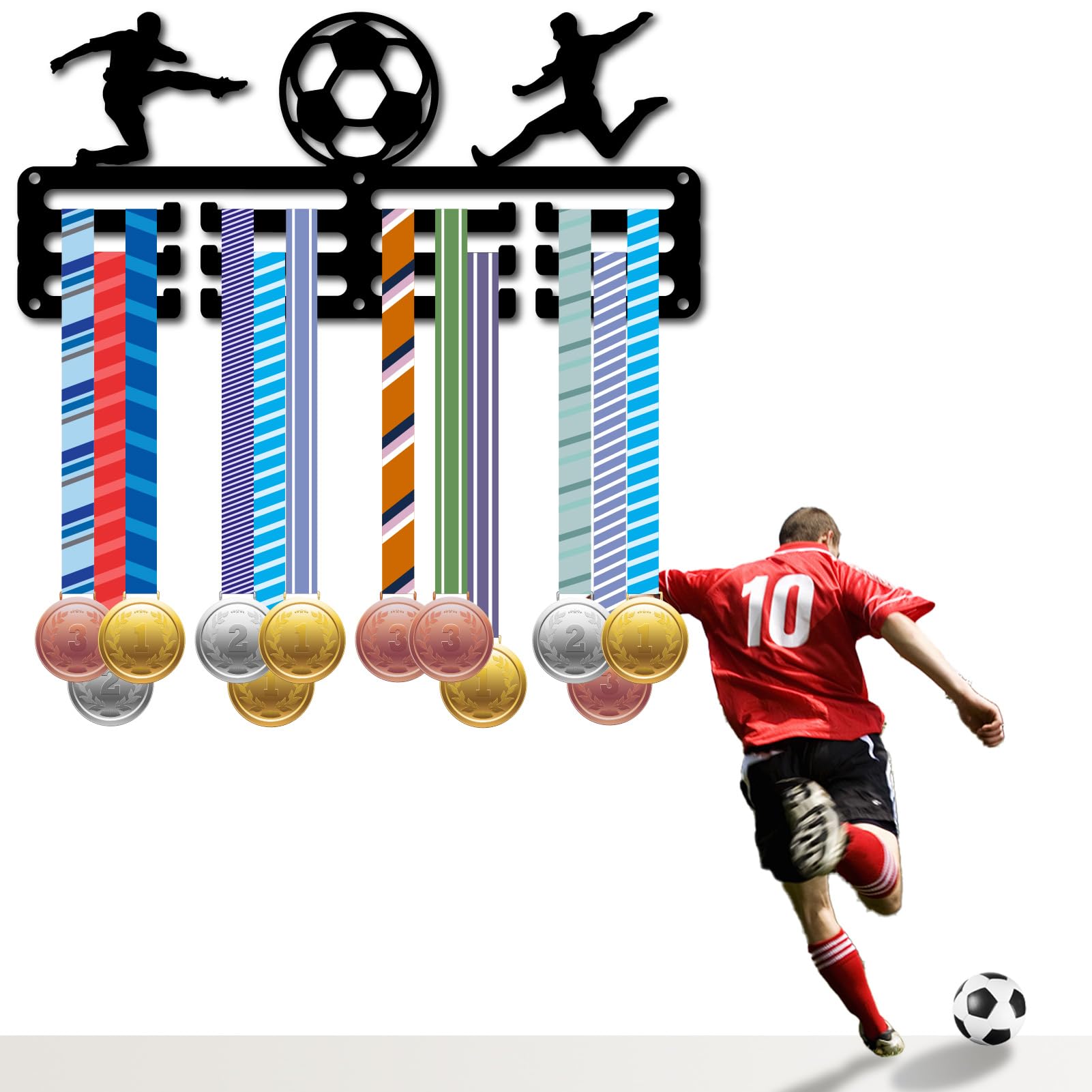 CREATCABIN Porta Medaglie da Calcio Appendiabiti per Medaglie Sportive Display Gara Competizione Vittoria Premi Organizzatore di Nastri Piccolo Telaio in Metallo Nero Appendere 40+ medaglie 29x13cm