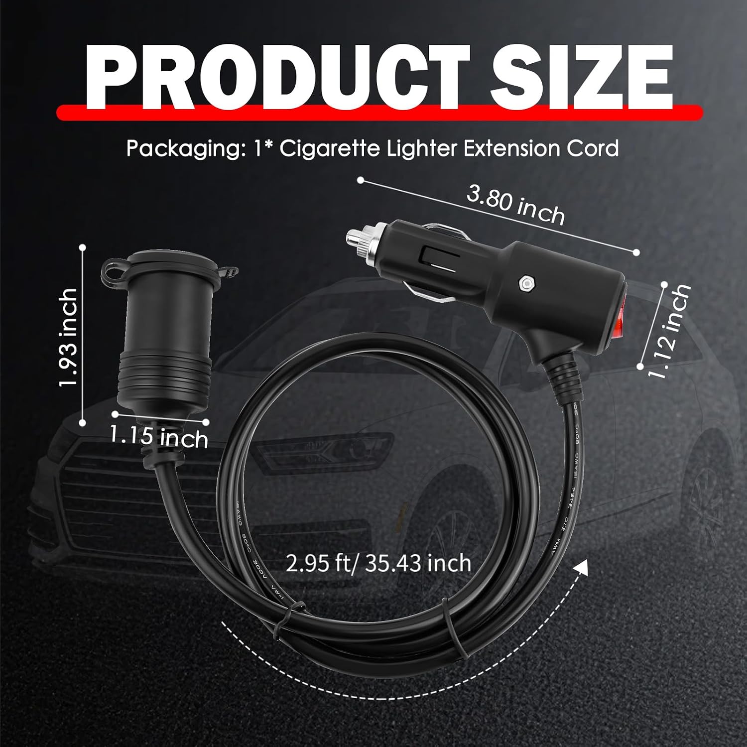 3Ft Cigarette Lighter Extension Cord,Heavy Duty 16 AWG 12V Extension Cord with 15A Fuse & LED Indicator Light,Universal Plug & Play Cigarette Lighter Extender Car Accessories image 2