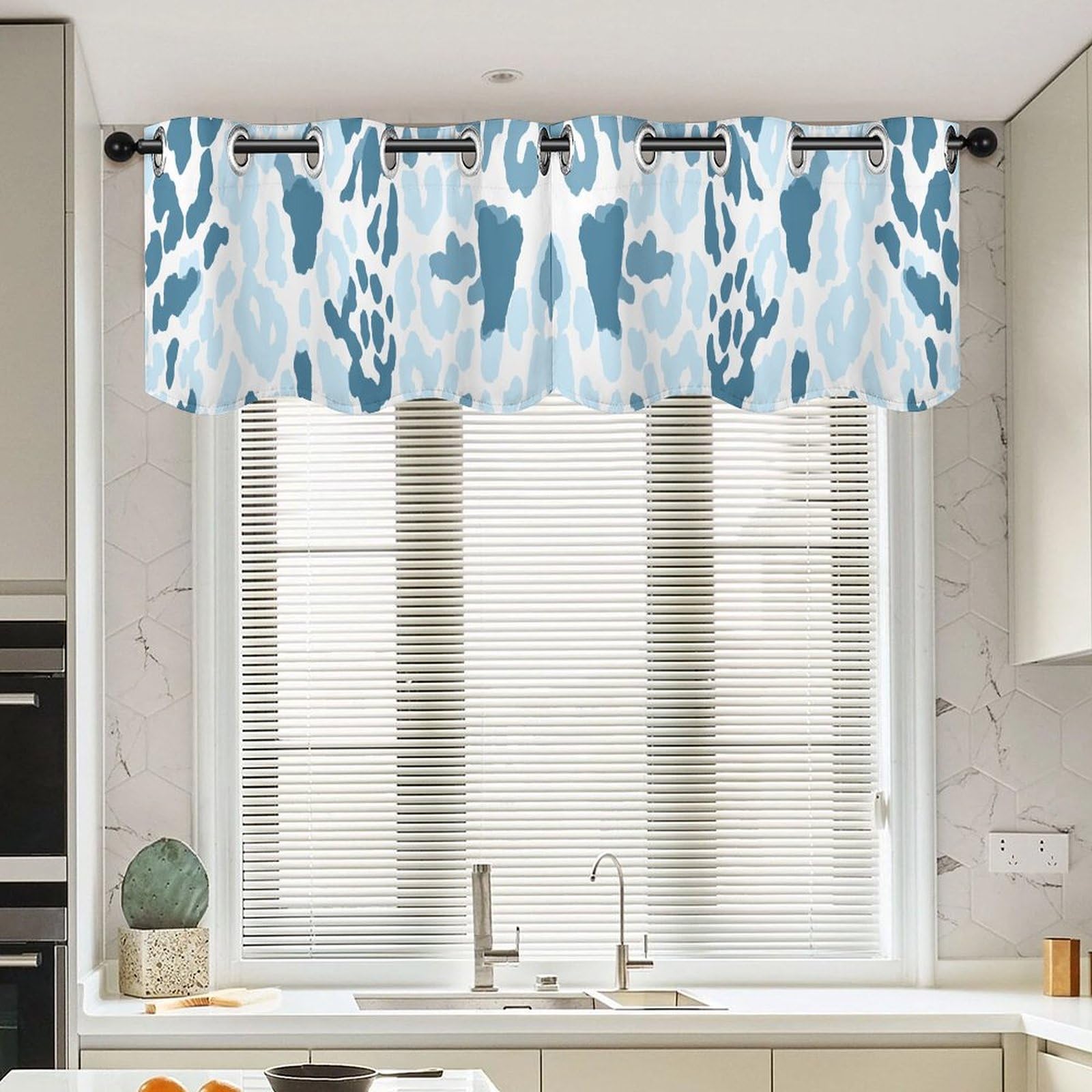 Cantonnière léopard bleu clair lot de 2 rideaux de cuisine 132x45 cm