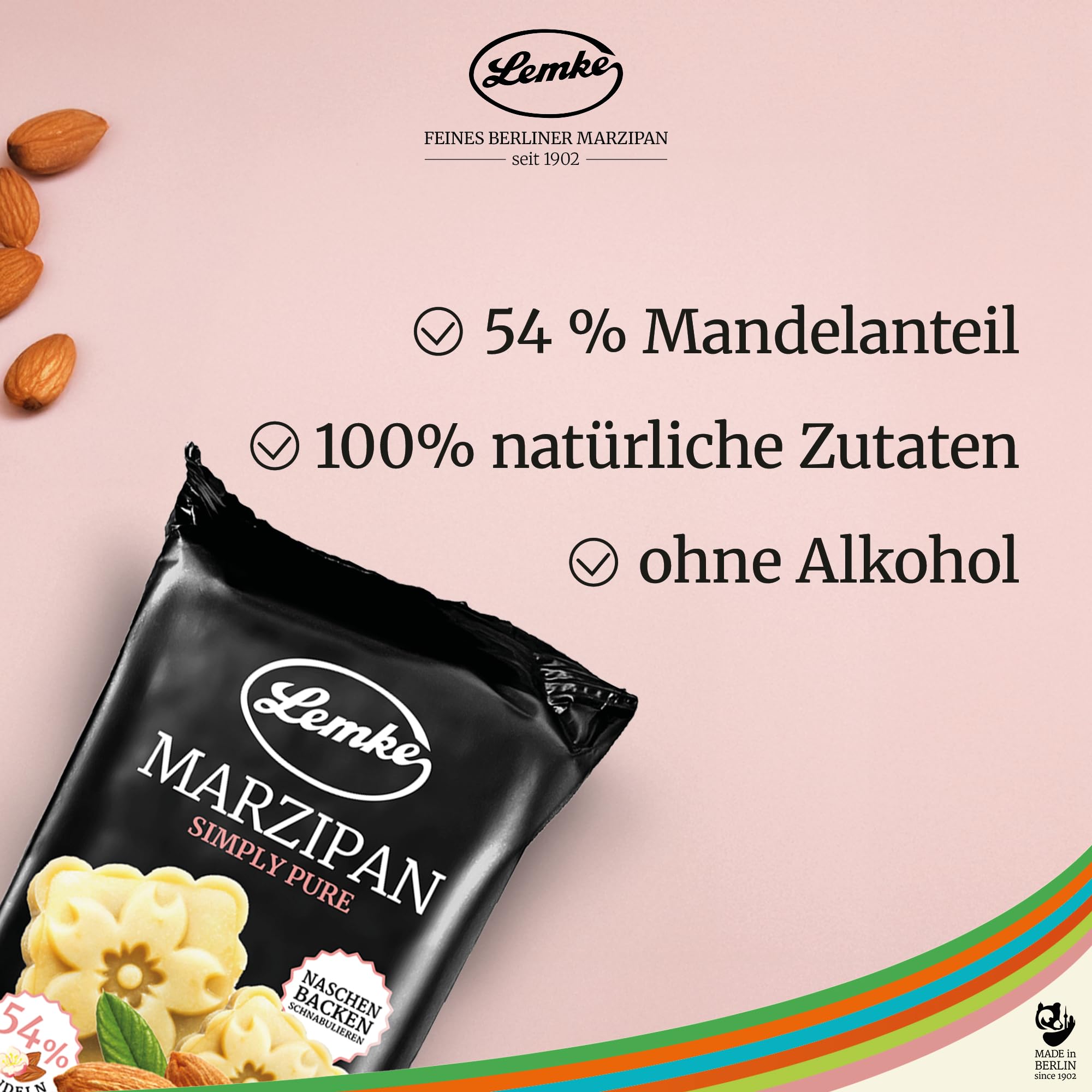 Lemke Simply Pure - Mazapán en bruto (200 g, mazapán fino de Berlín crudo sin alcohol, 54% de almendras, masa cruda para hornear, para bombones y postres, natural y puro placer)