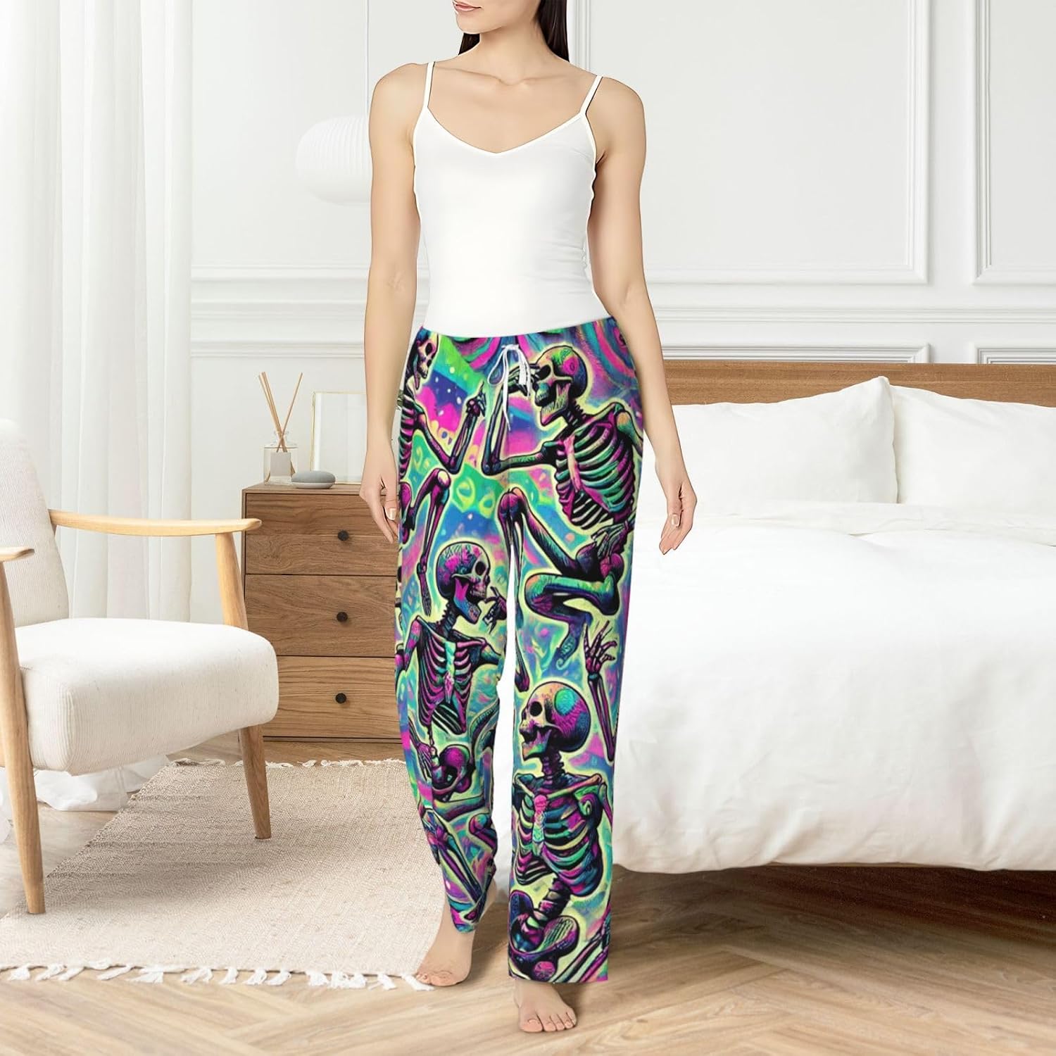 Women'S Psychedelic-Halloween-Skeletons Fleece Pajama Pants, Cozy Flannel Lounge Bottoms For Women