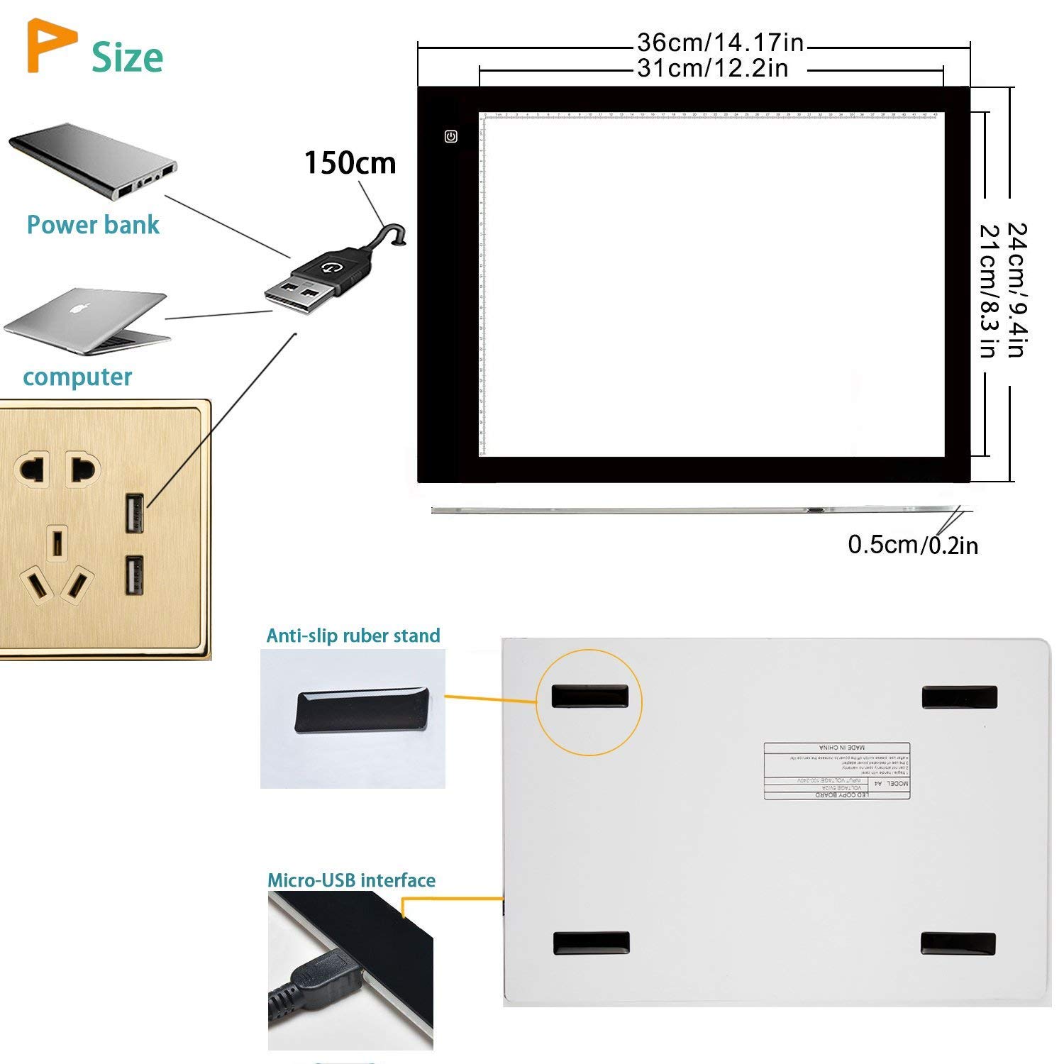 A4 Tracing Light Box - Pad Ultra-sottile solo 5mm tavolino di alimentazione USB per gli artisti, disegnare, disegnare, animazione,con luce LED regolabile.