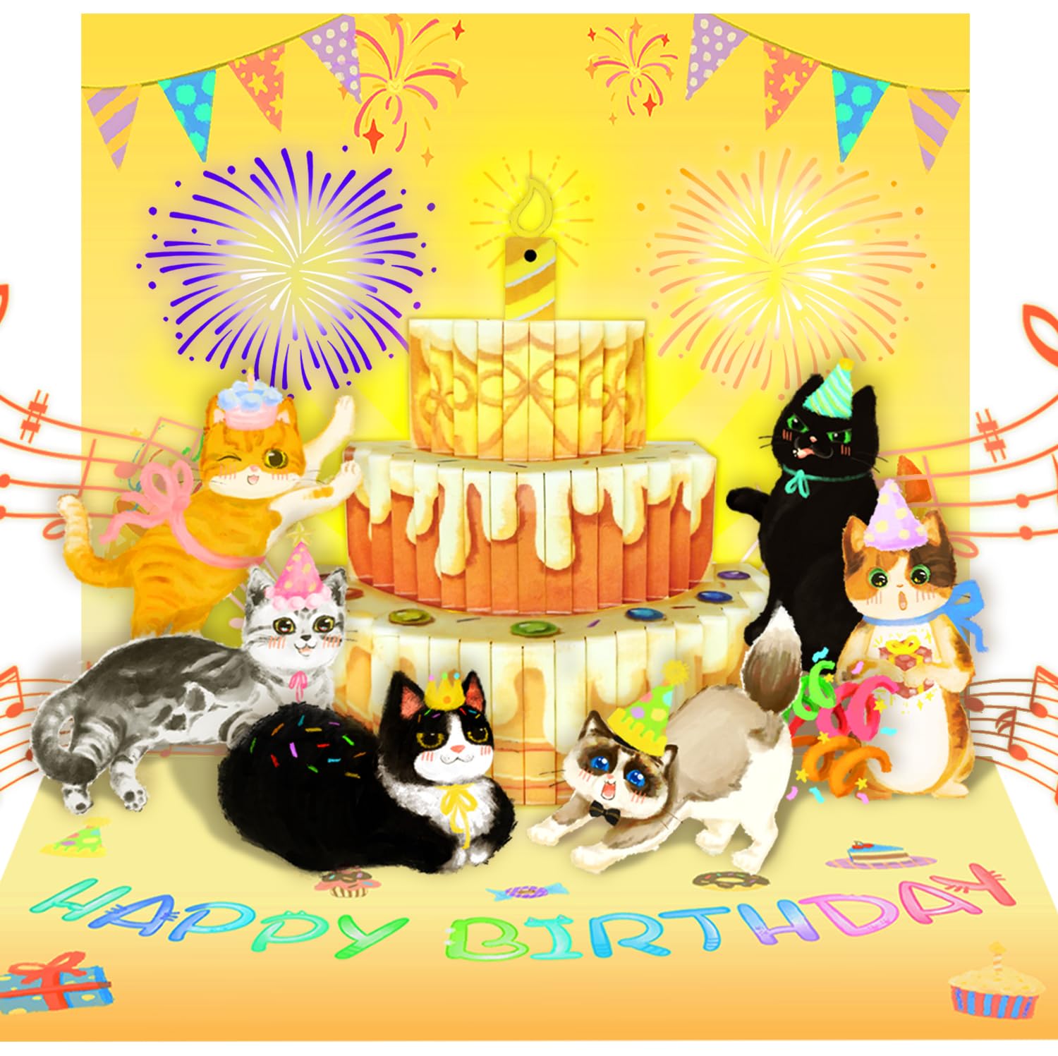 Timogift 3D Cat Pop Up Birthday Card with Music Lights & Blowable CANDLE, Funny Cat Musical Birthday Cards, Birthday Gifts for Women Sister Wife Friends Kids Cat Lover