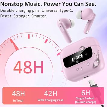Wireless Earbuds Bluetooth 5.4, 6 Mic ENC Noise Cancelling Clear Call, in Ear Buds Deep Bass HiFi Stereo Sound, Big Dual LED Display 48H Playtime Earphones, IPX7 Waterproof Headphones Android iOS Pink