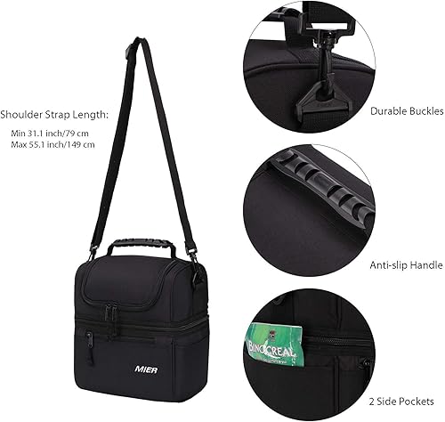 Miniatura 6 de MIER Lonchera para adultos, bolsa de almuerzo aislada, bolsa grande para mujeres, enfriador de doble cubierta, camuflaje (grande) y negro (mediano)