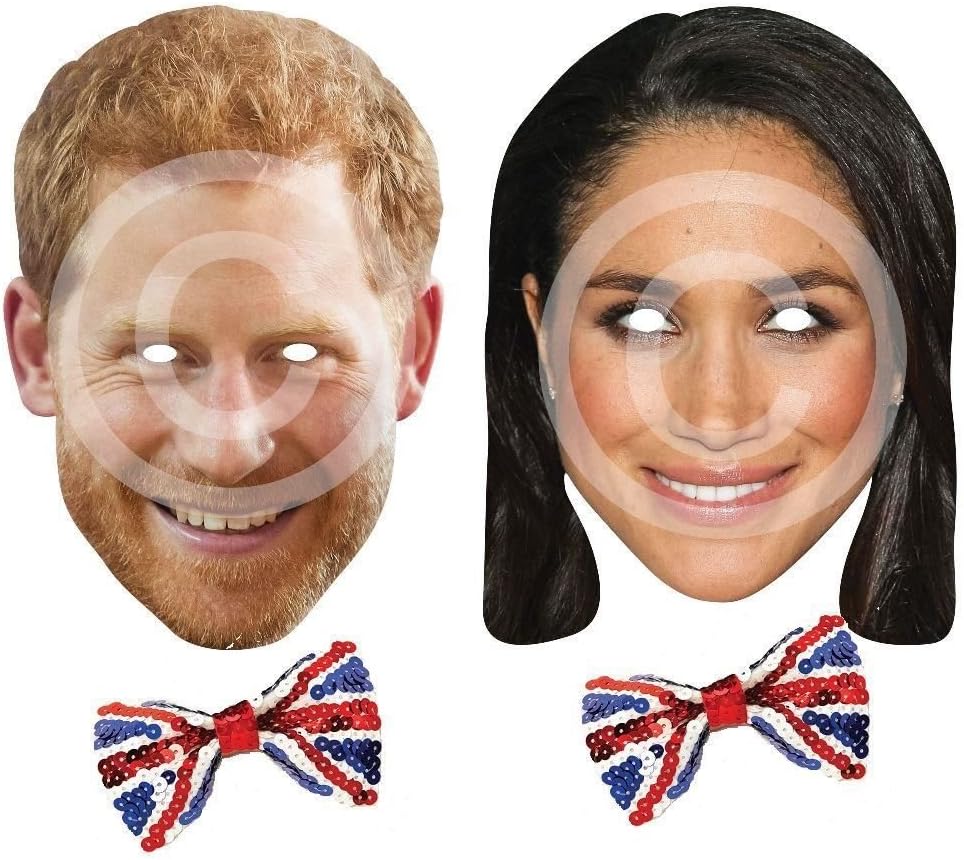 WPN Prince Harry & Meghan Markle Card Face Masks and 2 Union Jack Sequin Bow Ties Royal Wedding
