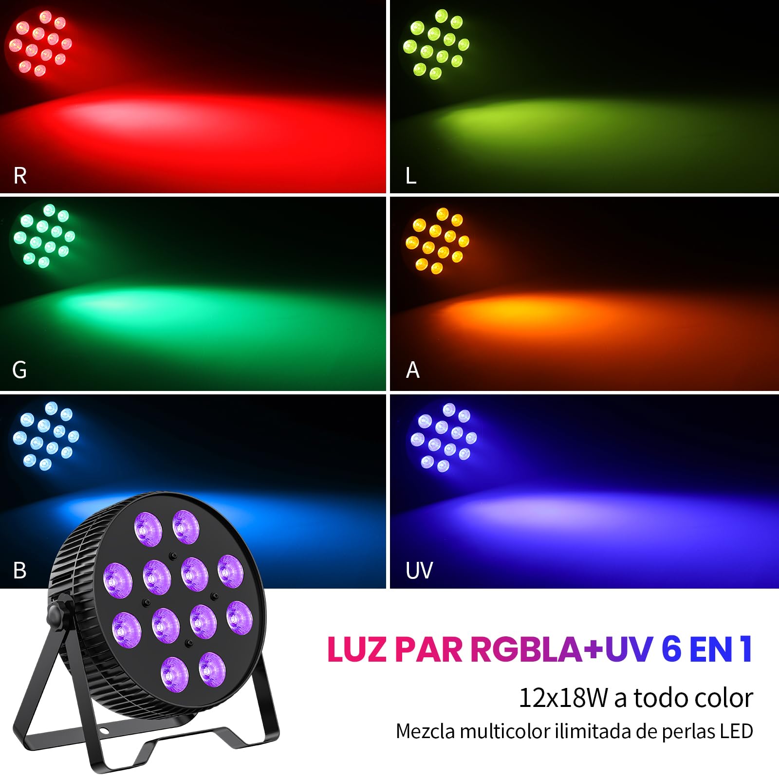 BETOPPER Focos Par LED 12x18W, Luces Escénicas RGB+Lima+Ámbar+UV 6-en-1 con Efecto Wash/Strobe, DMX512/Activación por Sonido, para DJ, Fiestas, Conciertos, Bares (4 Unid.)