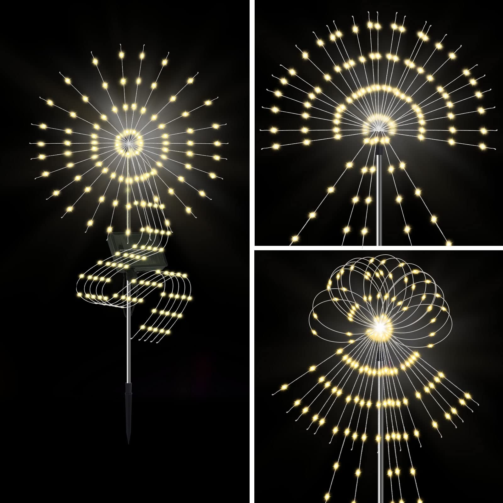 Skcoipsra 2 Pack Solar Garden Lights, 400LEDs Solar Fireworks Lights with 8 Lighting Modes and Remote Control, Waterproof Solar Starburst String Lights for Walkway, Garden, Patio, Party, Warm White