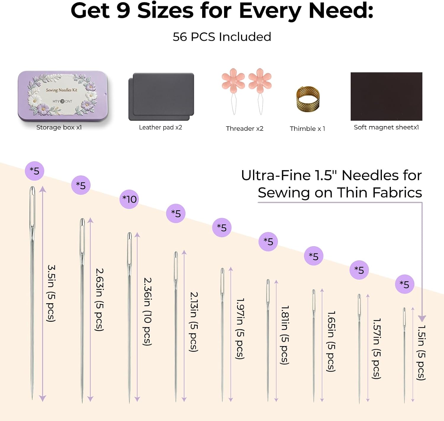HTVRONT Sewing Needles 56 PCS, Large Eye Embroidery Needles for Hand Sewing 9 Size, Hand Sewing Needles with Needle Threaders, Thimble for Crafts, Repair, Quilting (Sliver 56PCS)
