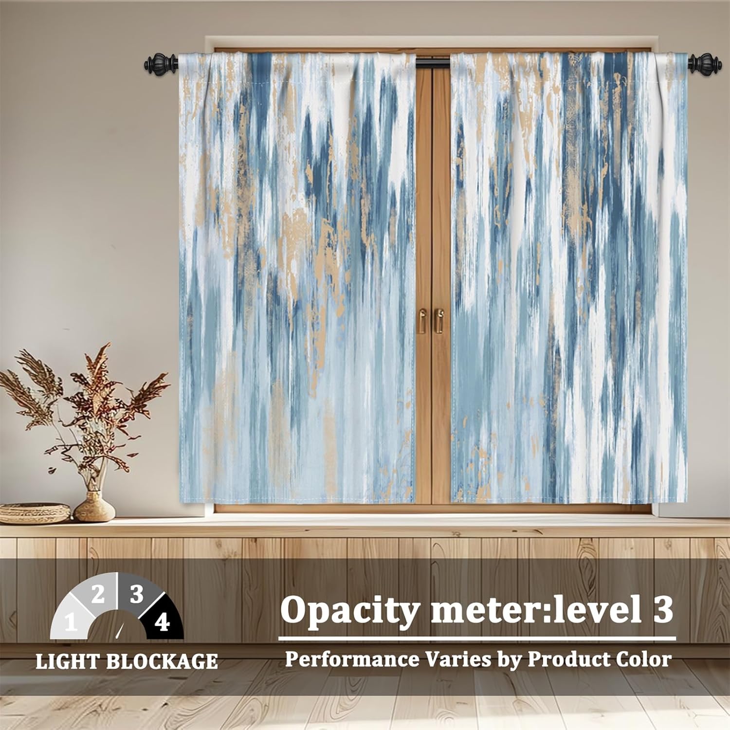 Renaiss 26 x 45 Inch Blue Abstract Tier Curtains for Small Window Treatment Short Blackout Curtain with Rod Pocket Art Painting Half Window Curtains for Kitchen Cabinet Basement RV Camper 2 Panels